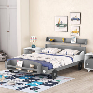 Full Size Car-Shaped Platform Bed, Full Bed with Storage Shelf for Bedroom, Gray