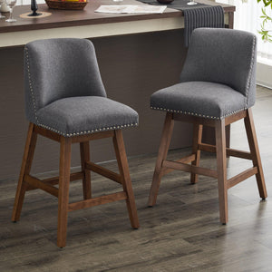 26" Upholstered Swivel Bar Stools Set of 2, Modern Linen Fabric High Back Counter Stools with Nail Head Design and Wood Frame