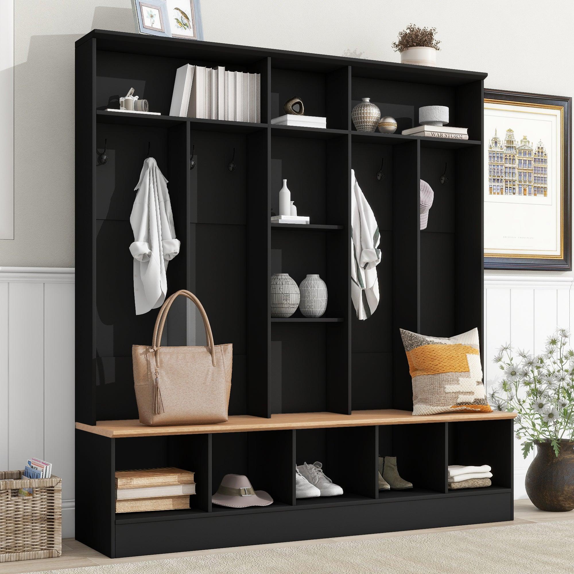 🆓🚛 Wide Design Hall Tree, Minimalist Shoe Cabinet With Cube Storage & Shelves, Multifunctional Coat Rack With 8 Hooks for Entryways, & Mudroom, Black