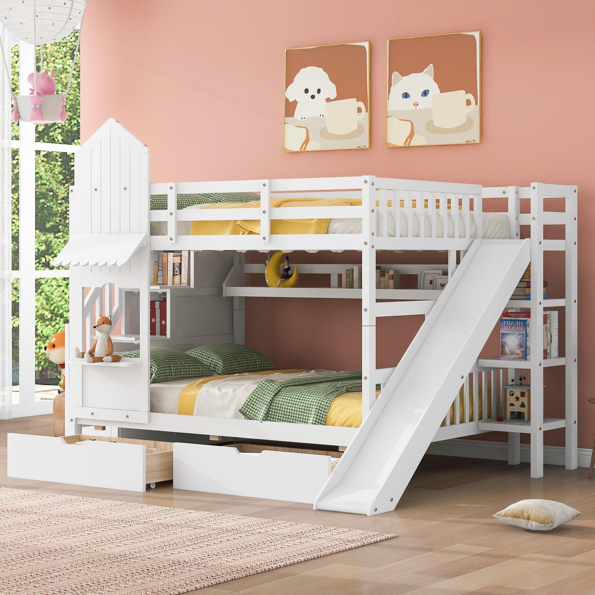 🆓🚛 Full-Over-Full Castle Style Bunk Bed With 2 Drawers 3 Shelves & Slide, White