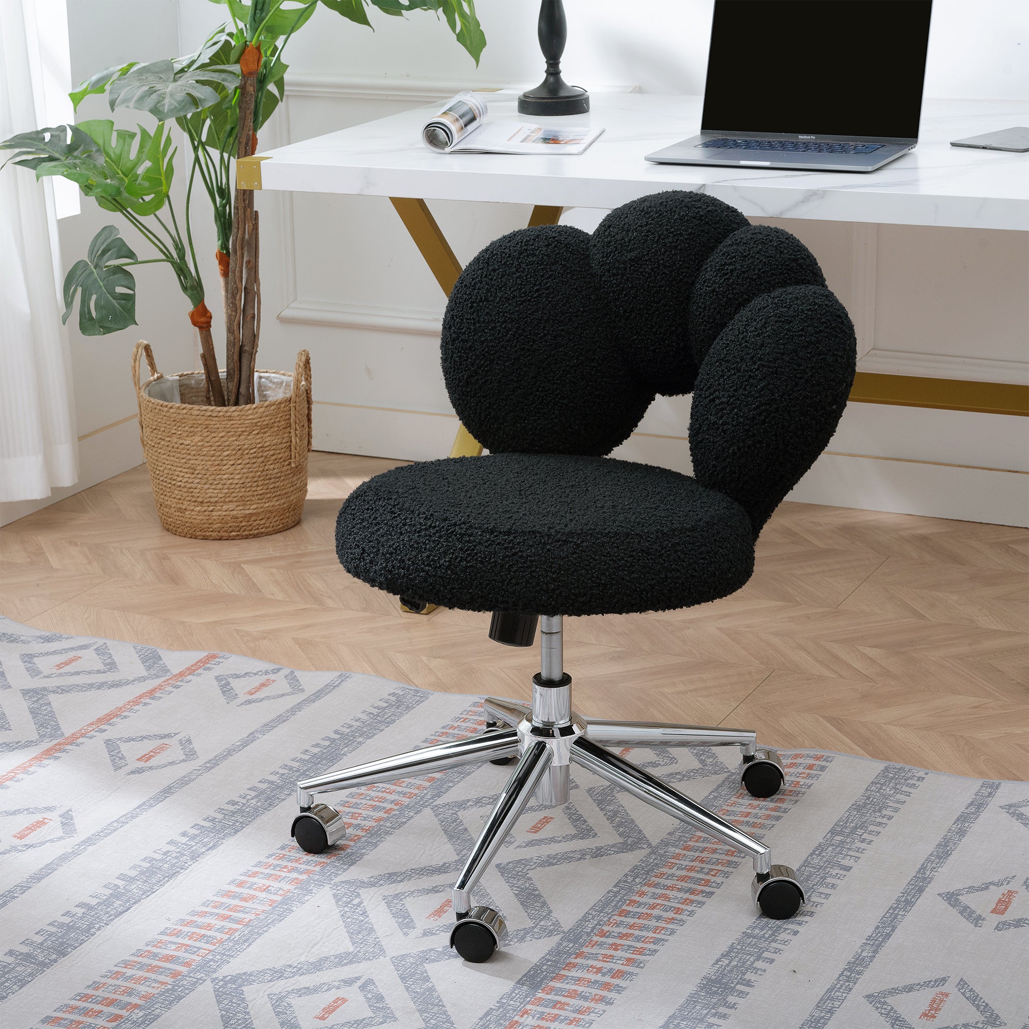 🆓🚛 Cozy Teddy Fabric Office Chair, Height Adjustable, Black