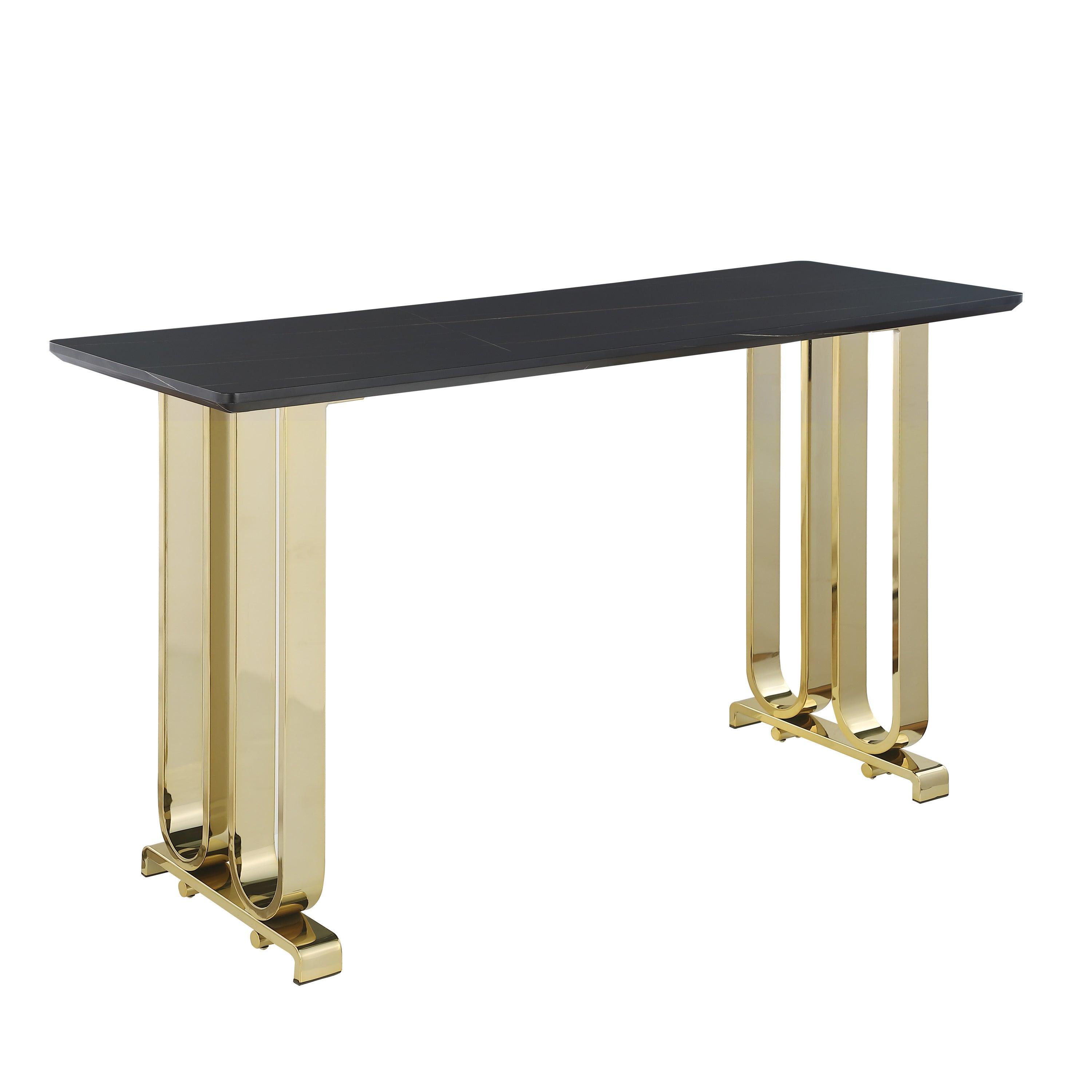 🆓🚛 63" Bar Table, Pub Table Kitchen Dining Coffee Table High Writing Computer Table With Lauren Gold Black Top, Polished Gold Metal Base