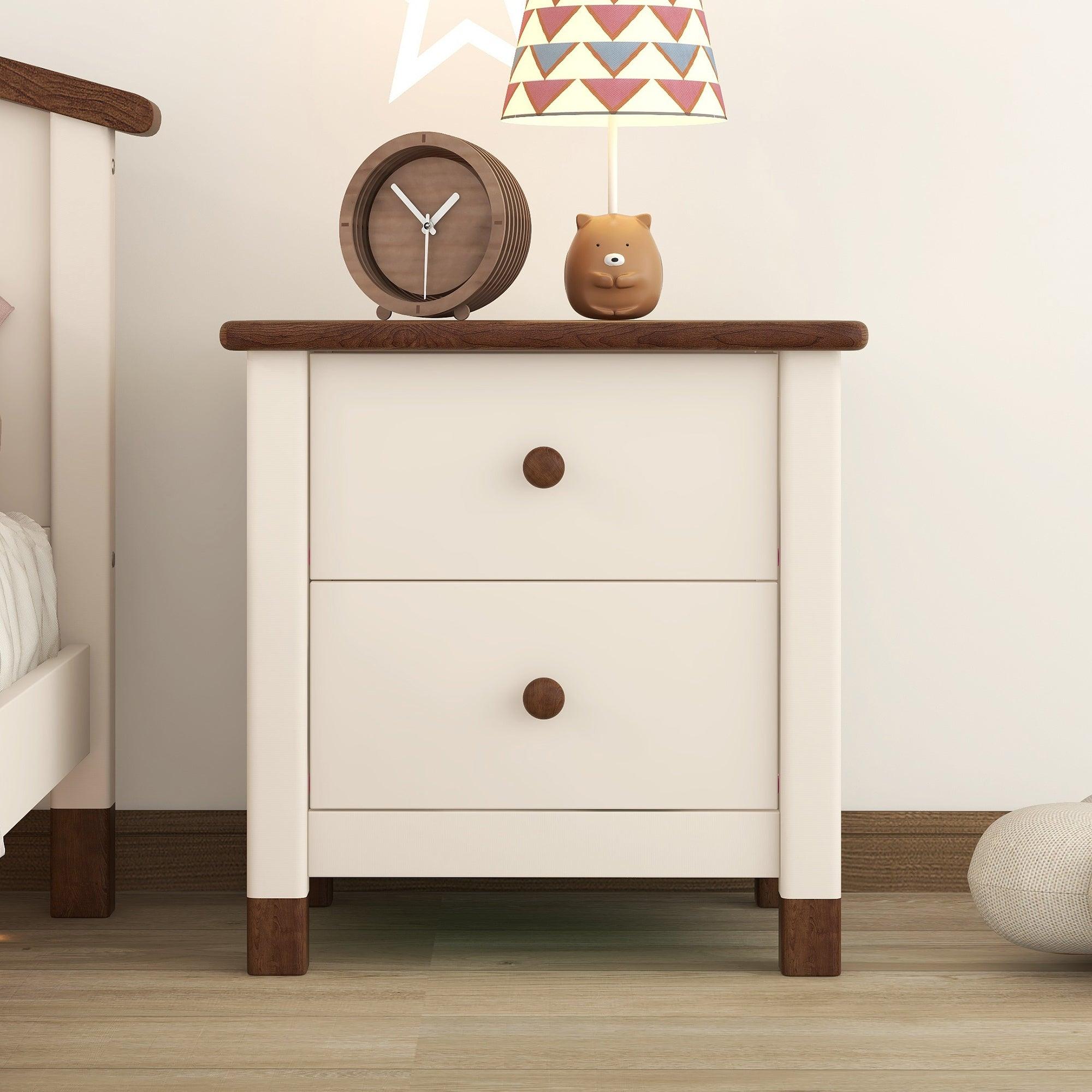 🆓🚛 Wooden Nightstand With Two Drawers for Kids, End Table for Bedroom, Cream+Walnut