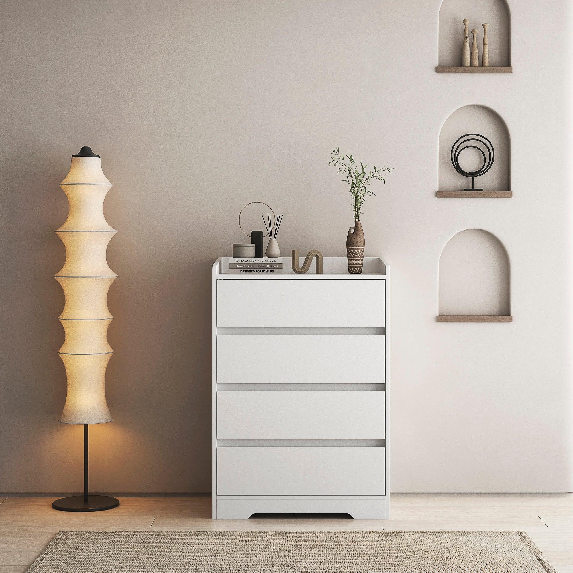 🆓🚛 4 Drawer Dresser, Chest of Drawers Without Handle, White Dresser for Bedroom 100% Waterproof, Modern Wooden Cabinet With Sturdy Frame for Living Room, Entryway, Bedroom, Hallway, Office