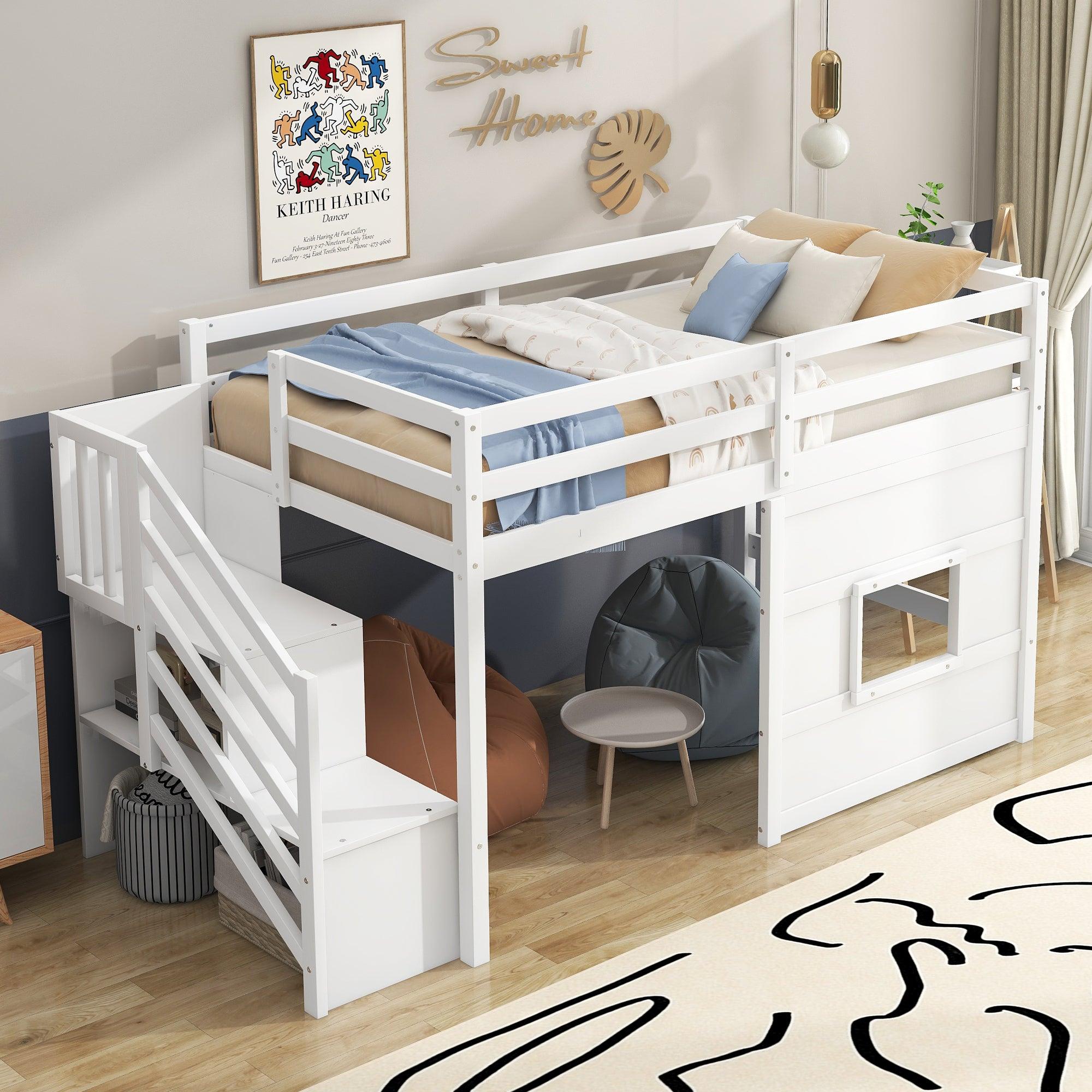 🆓🚛 Twin Size Loft Bed With Storage Staircase & Window, White