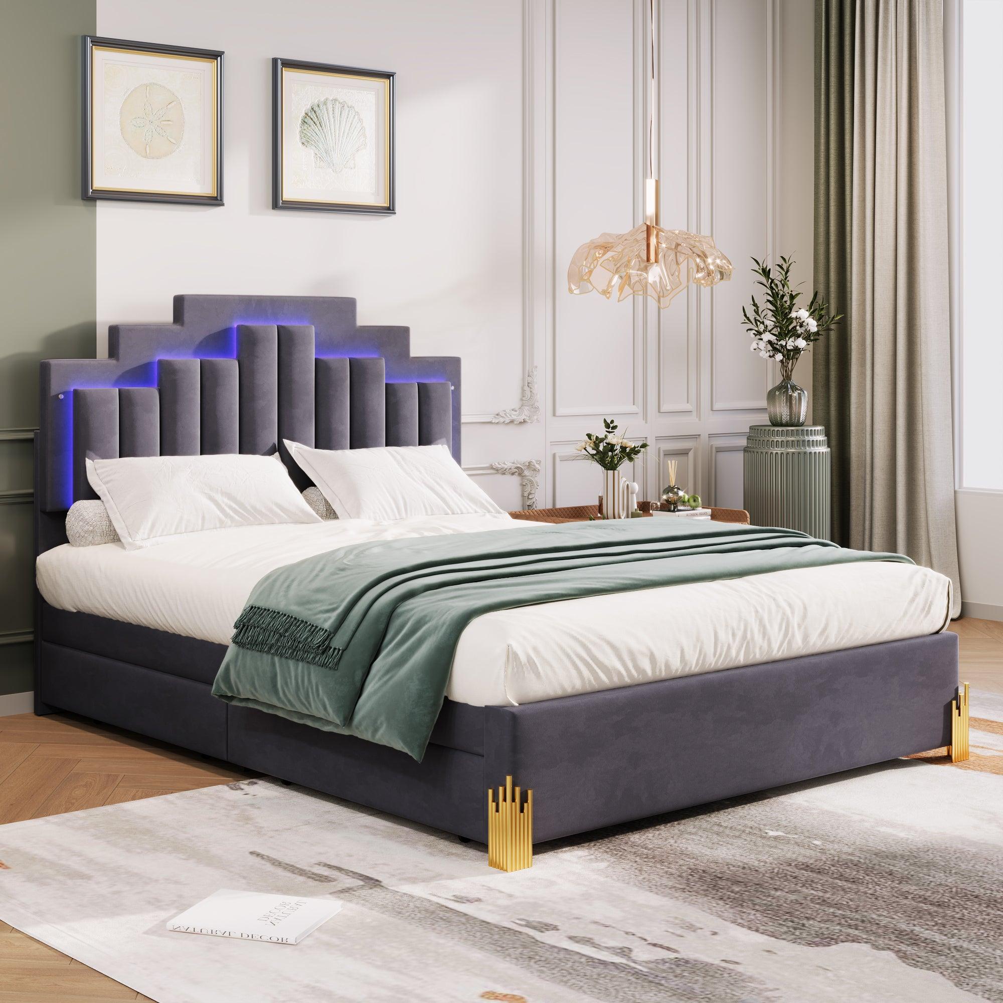 🆓🚛 Queen Size Upholstered Platform Bed With Led Lights & 4 Drawers, Stylish Irregular Metal Bed Legs Design, Gray