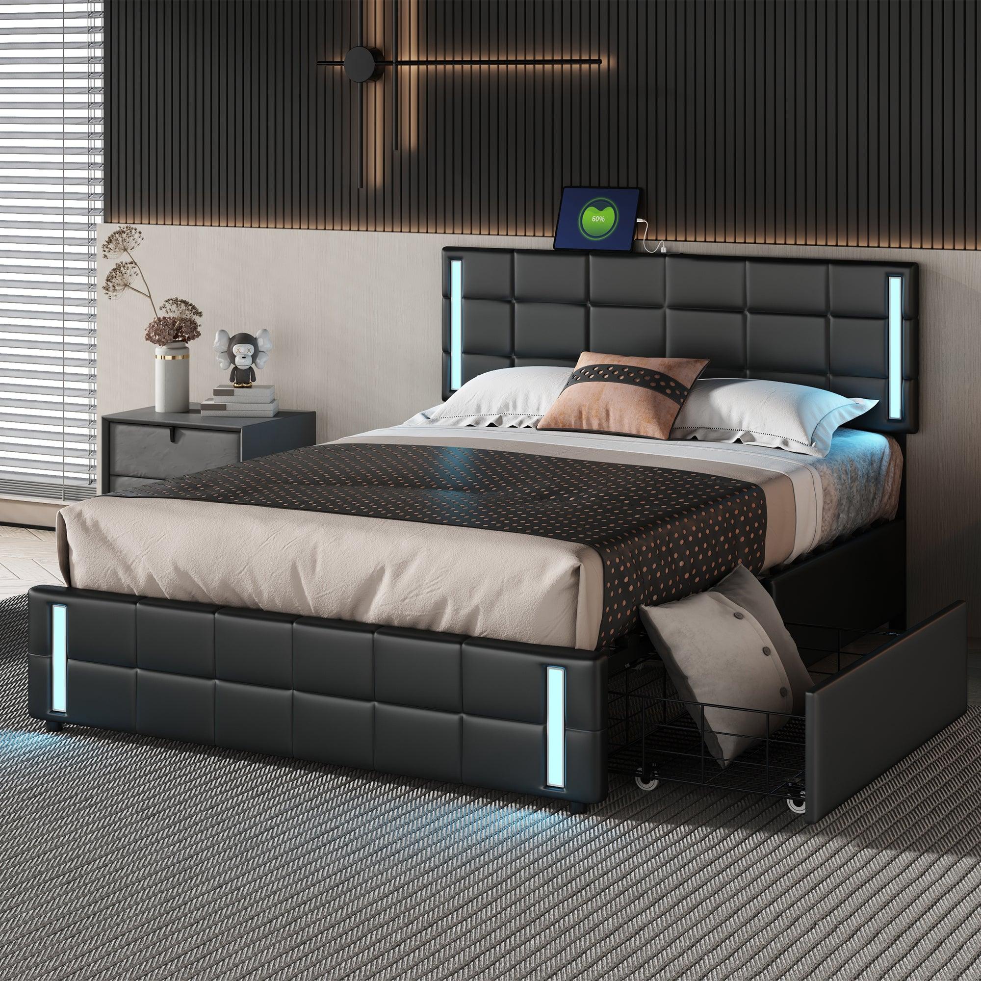 🆓🚛 Queen Size Upholstered Platform Bed With Led Lights & Usb Charging, Storage Bed With 4 Drawers, Black