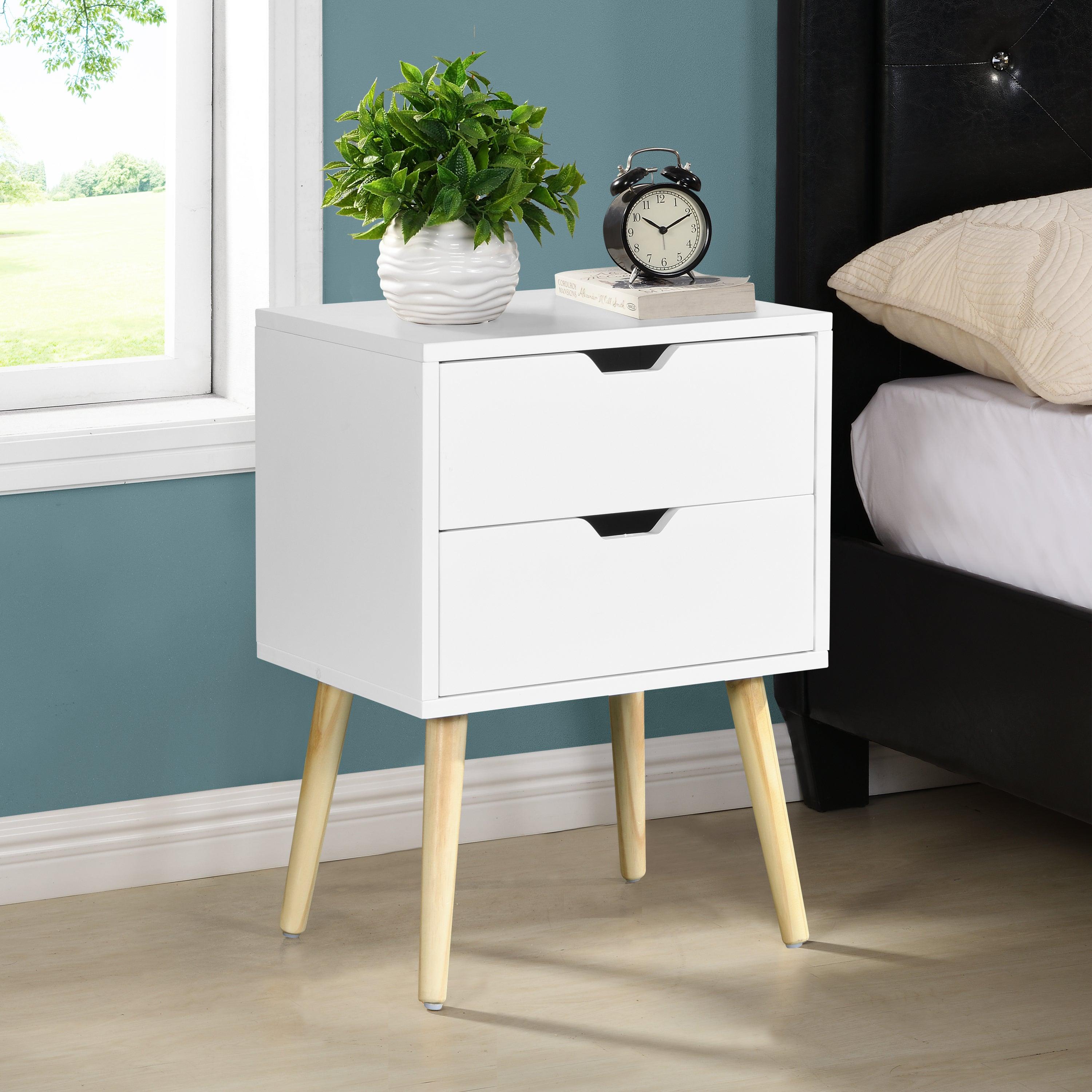 🆓🚛 Side Table With 2 Drawer & Rubber Wood Legs, Mid-Century Modern Storage Cabinet for Bedroom Living Room Furniture, White