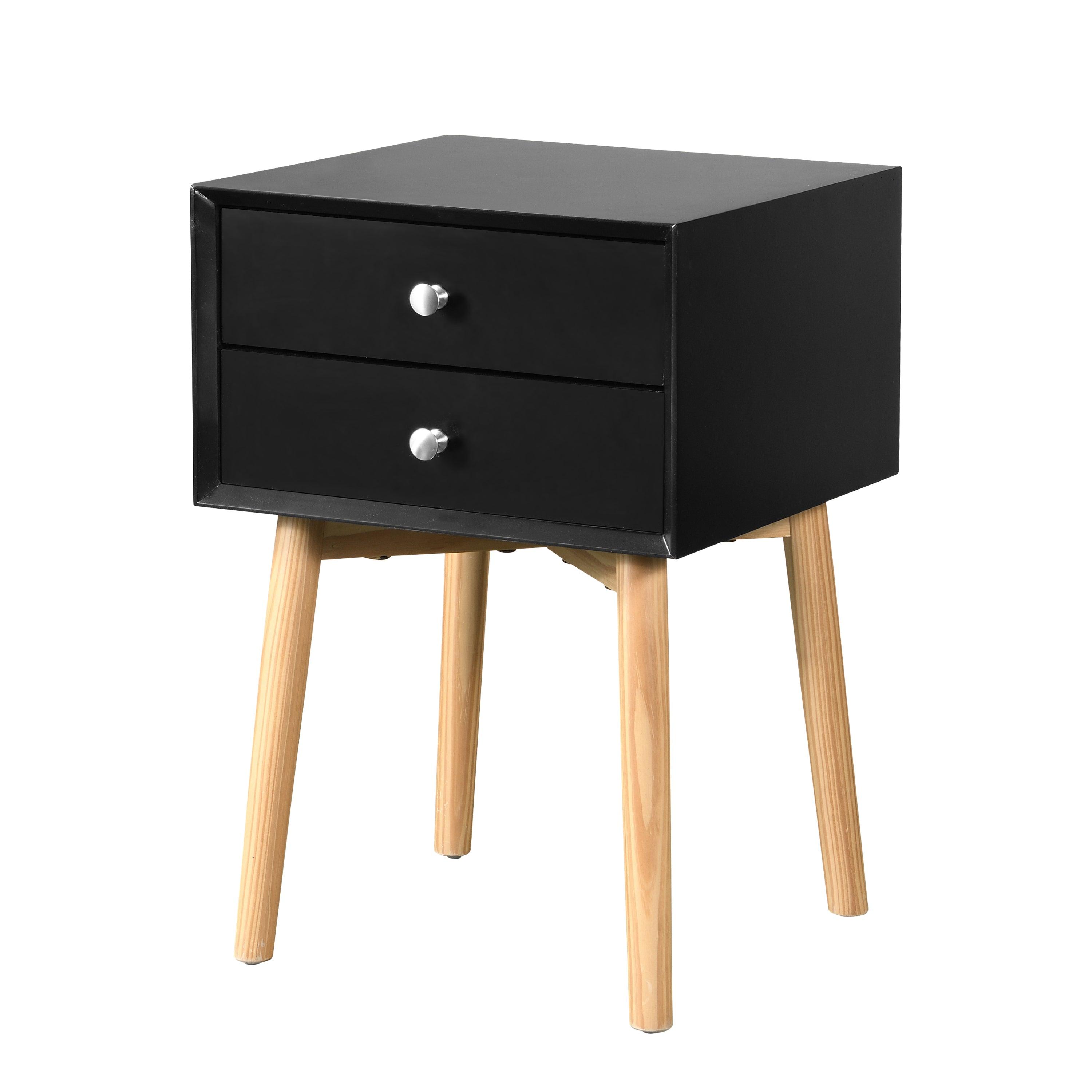🆓🚛 Side Table, Bedside Table With 2 Drawers & Rubber Wood Legs, Mid-Century Modern Storage Cabinet for Bedroom Living Room, Black