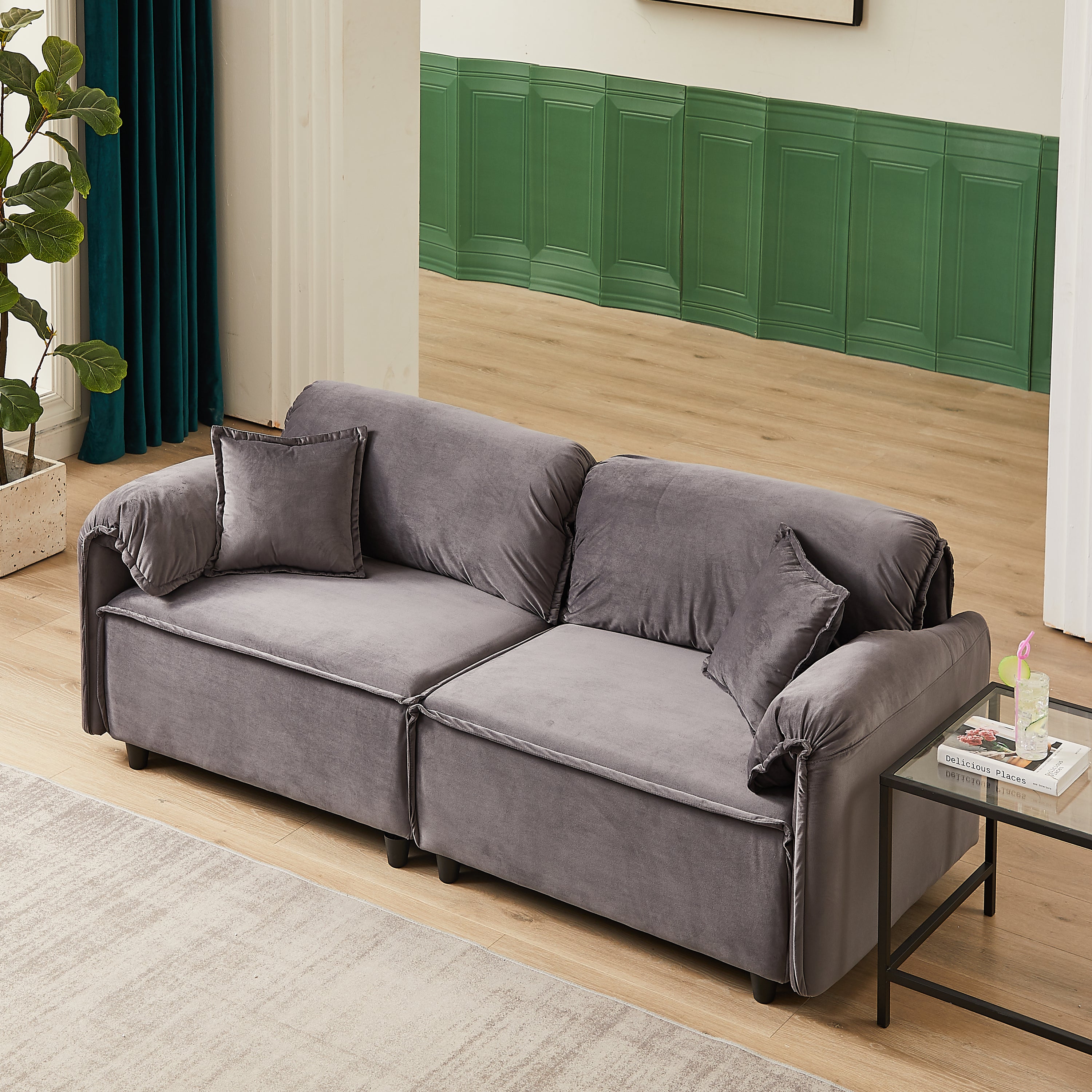 🆓🚛 79" Velvet Sofa, Upholstered Sofa With Pillows, Gray