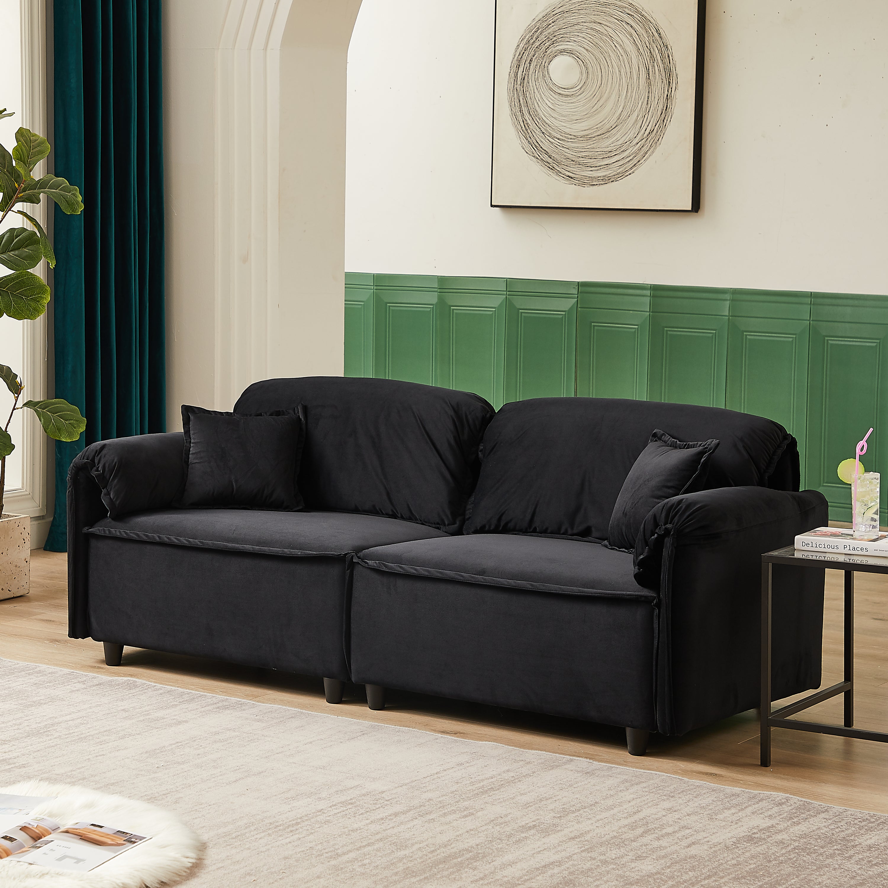 🆓🚛 79" Velvet Sofa, Upholstered Sofa With Pillows, Black