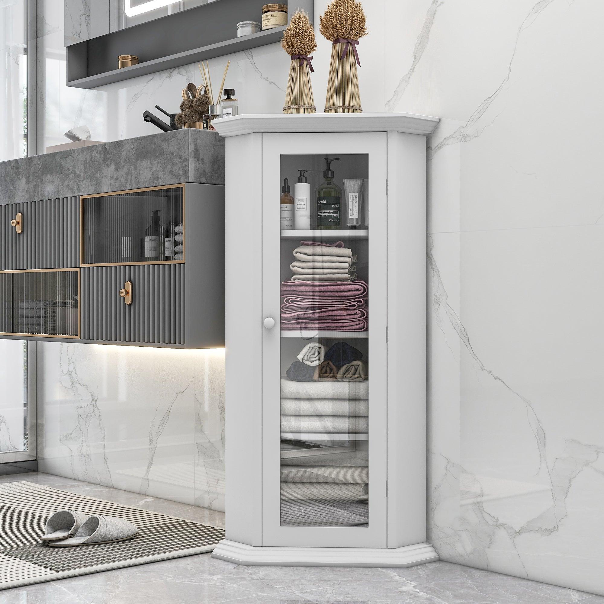🆓🚛 Freestanding Corner Storage Cabinet With Glass Door, White