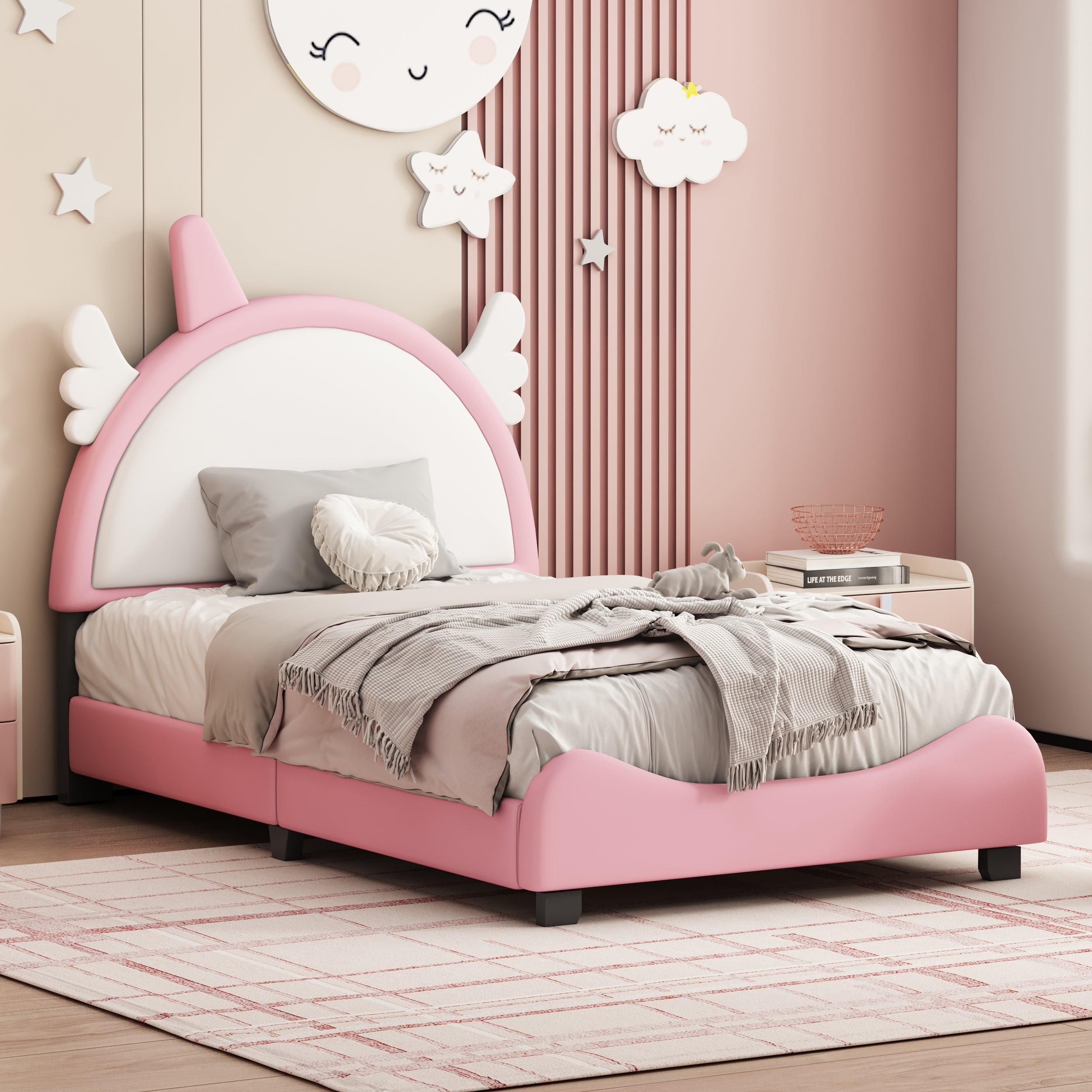 🆓🚛 Cute Twin Size Upholstered Bed With Unicorn Shape Headboard, Twin Size Platform Bed With Headboard and Footboard, White+Pink