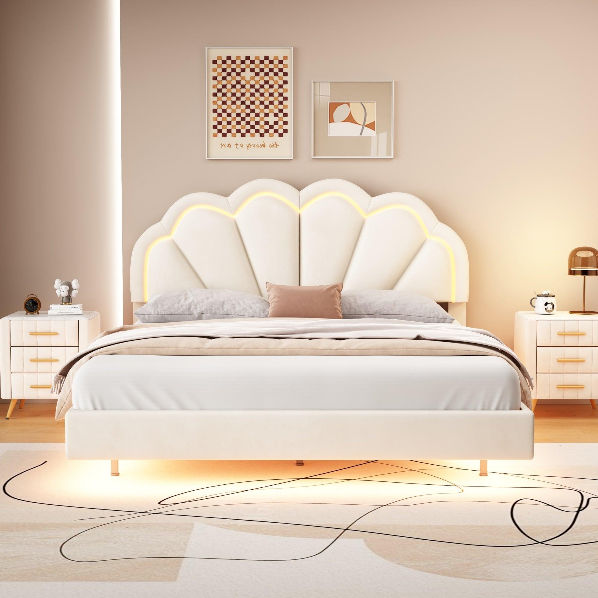 🆓🚛 Queen Upholstered Smart Led Bed Frame With Elegant Flowers Headboard, Floating Velvet Platform Led Bed With Wooden Slats Support, Beige
