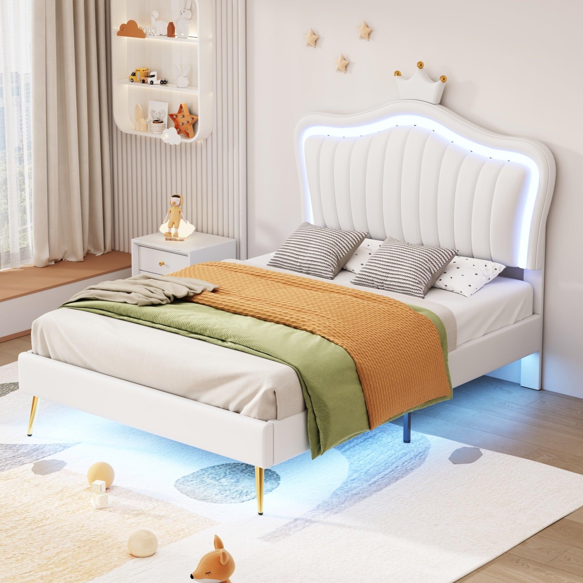 🆓🚛 Twin Size Upholstered Bed Frame With Led Lights, Modern Upholstered Princess Bed With Crown Headboard, White