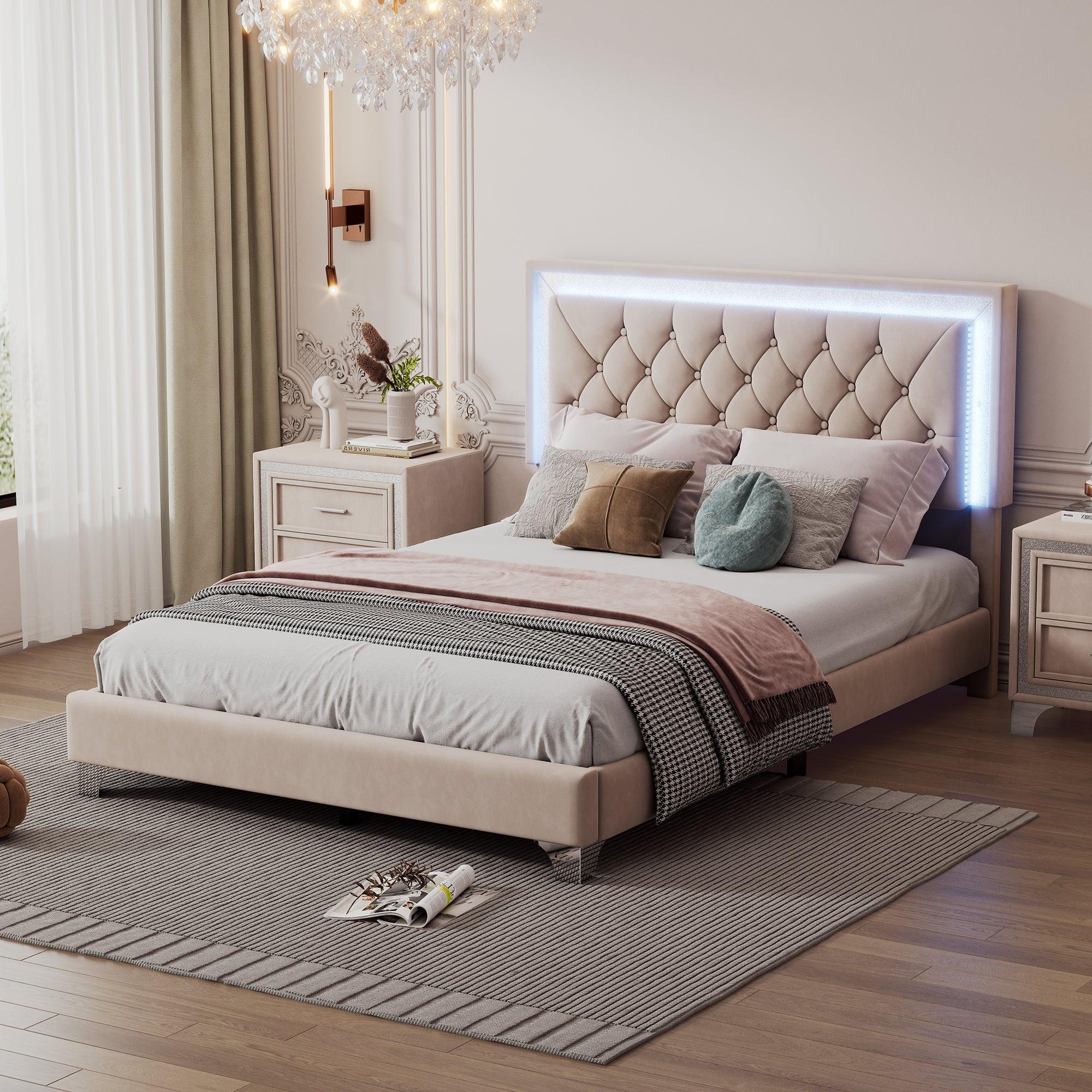 🆓🚛 Full Size Upholstered Bed Frame With Led Lights, Modern Velvet Platform Bed With Tufted Headboard, Beige