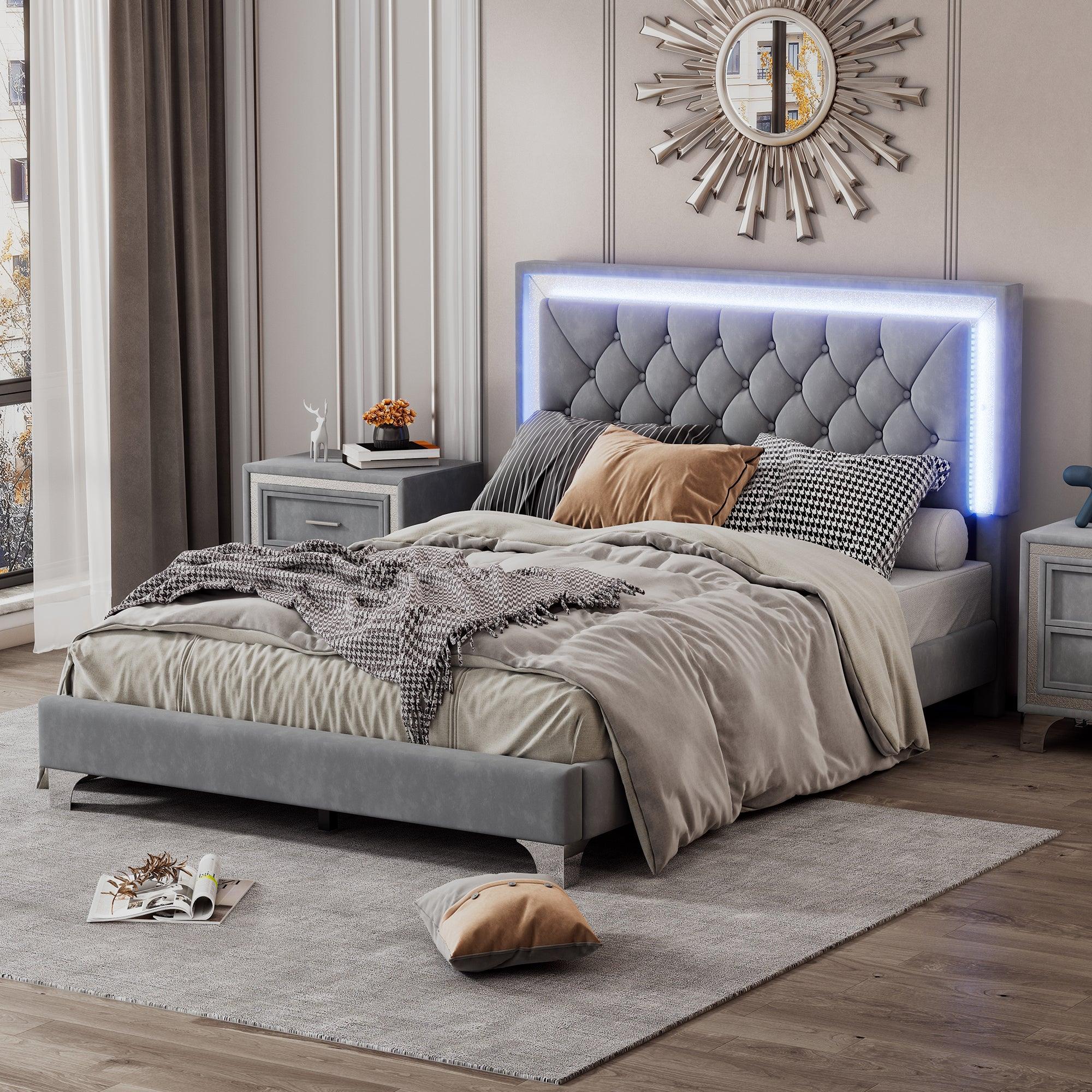 🆓🚛 Full Size Upholstered Bed Frame With Led Lights, Modern Velvet Platform Bed With Tufted Headboard, Gray