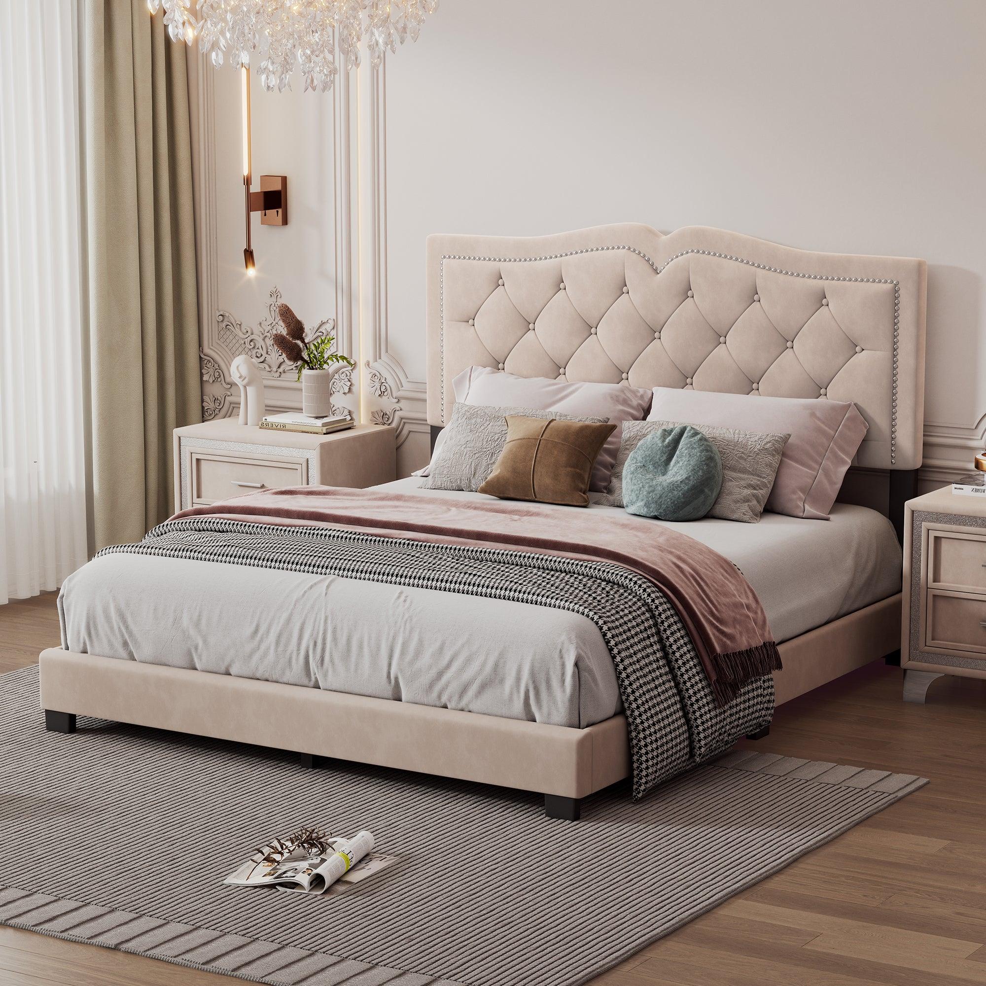 🆓🚛 Queen Size Upholstered Bed Frame With Rivet Design, Modern Velvet Platform Bed With Tufted Headboard, Beige