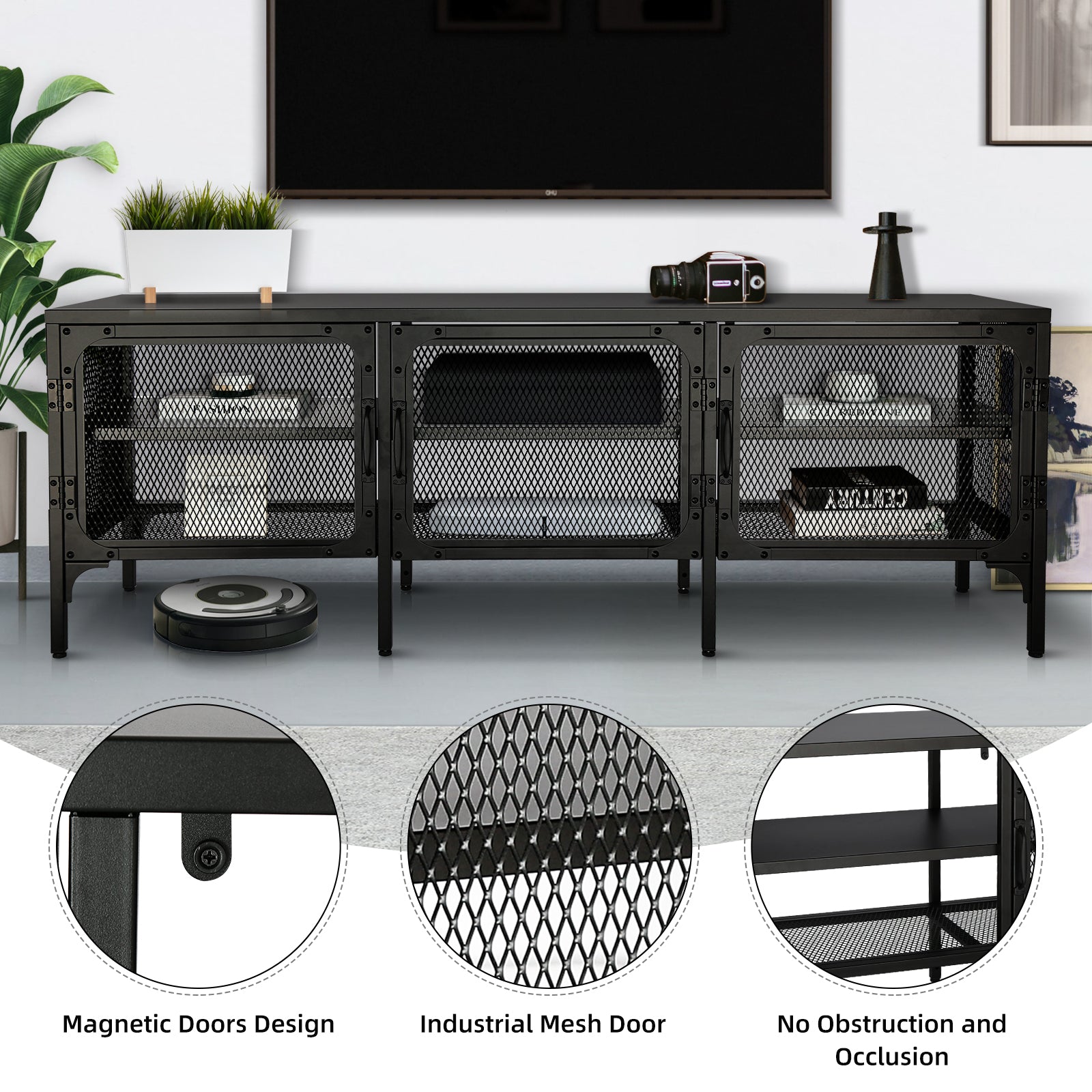 🆓🚛 Industrial Wood & Metal Tv Stand Entertainment Center Cabinet Tv Console Table With 3 Metal Mesh Doors 2-Tier Storage Shelves for Living Room, Frosted Black