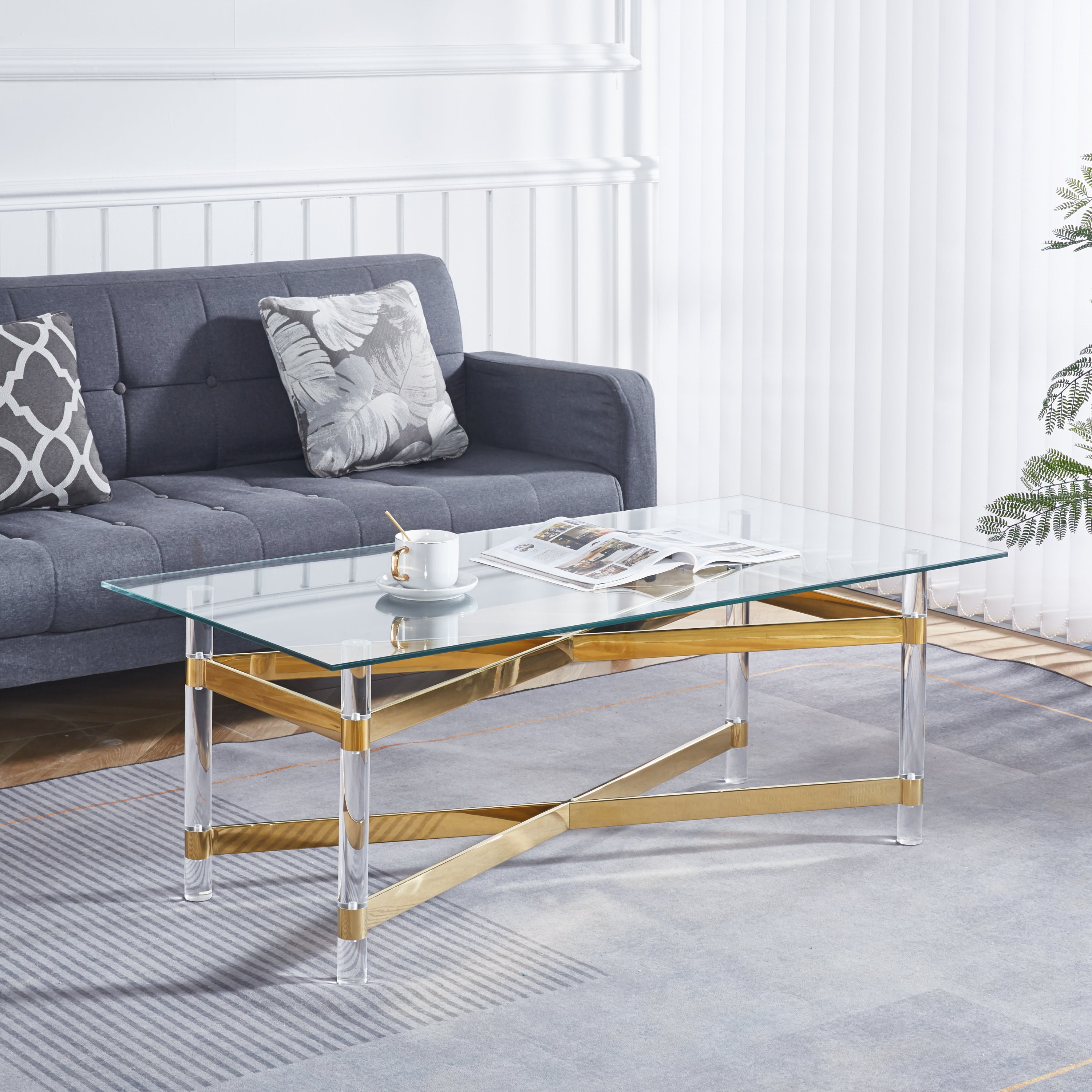 🆓🚛 Stainless Steel Coffee Table With Acrylic Frame & Clear Glass, Golden Decor