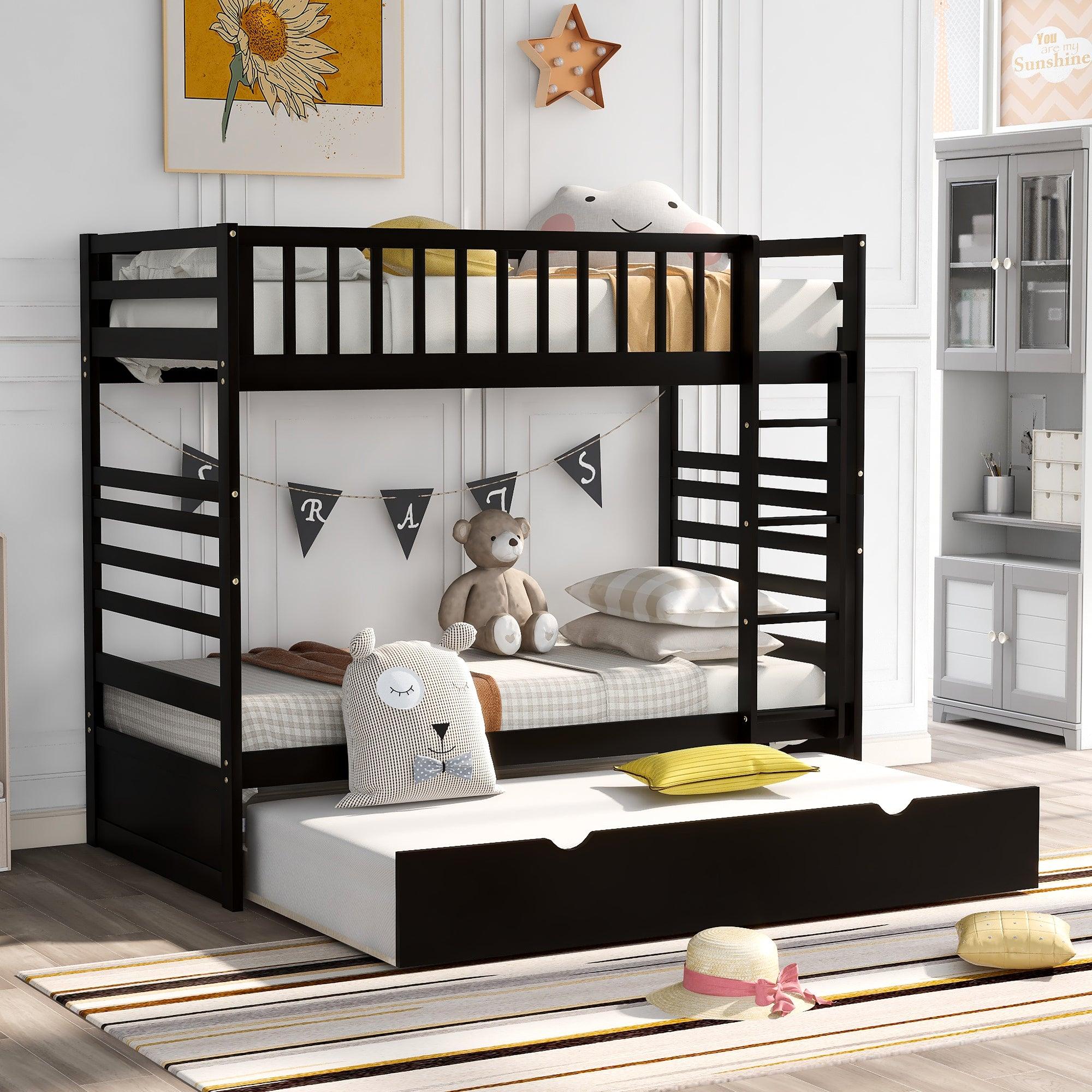 🆓🚛 Twin Bunk Beds for Kids With Safety Rail & Movable Trundle Bed, Brown
