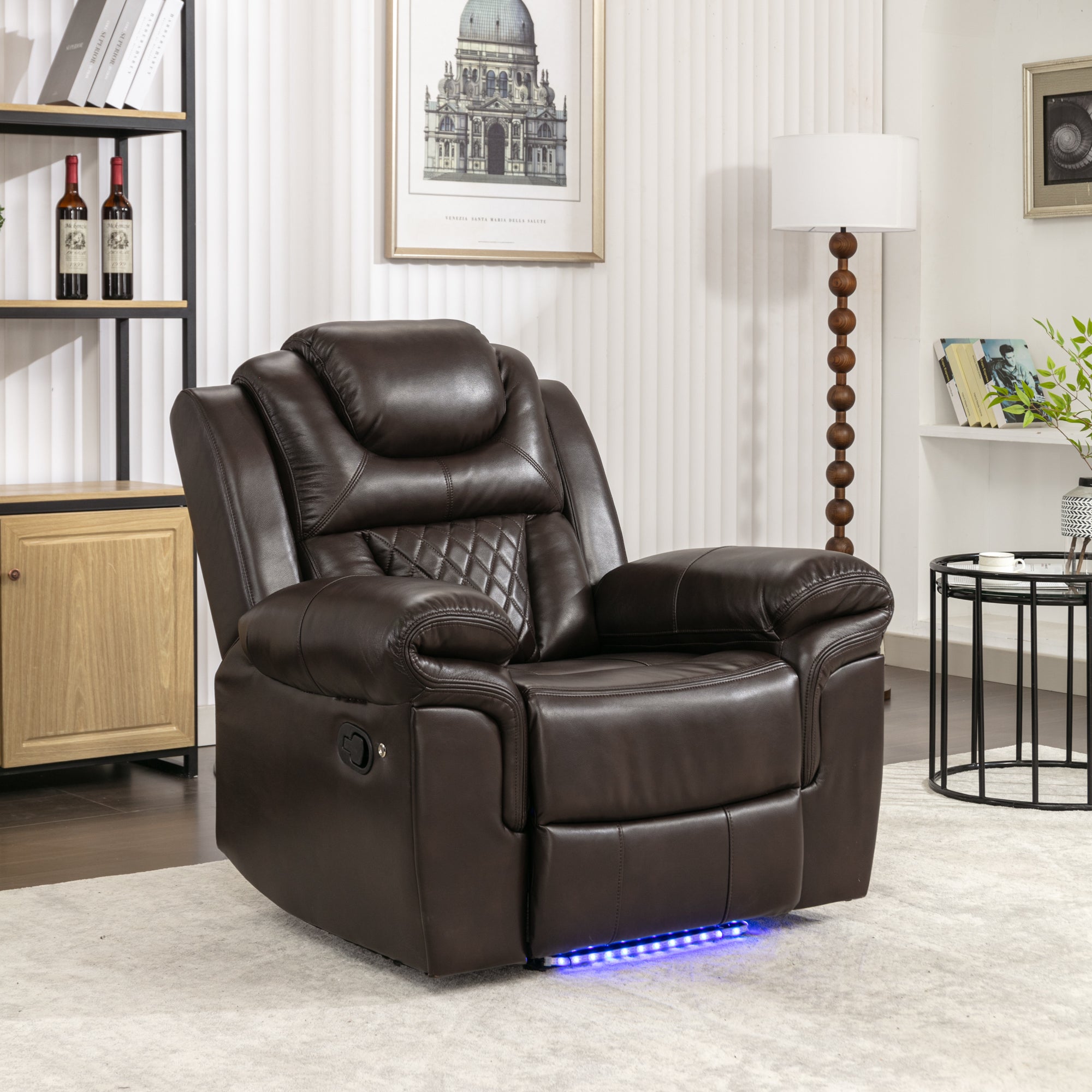 🆓🚛 Home Theater Seating Manual Recliner Chair With Led Light Strip for Living Room, Bedroom, Brown