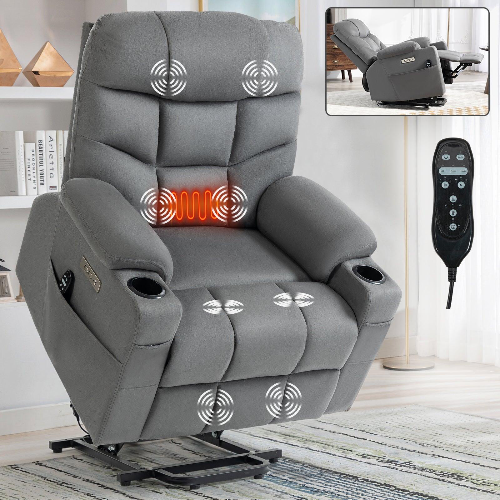 🆓🚛 Okin Motor Up To 350 Lbs Power Lift Recliner Chair, Heavy Duty Motion Mechanism With 8-Point Vibration Massage & Lumbar Heating, Cup Holders, Usb & Type-C Ports, Removable Cushions, Gray
