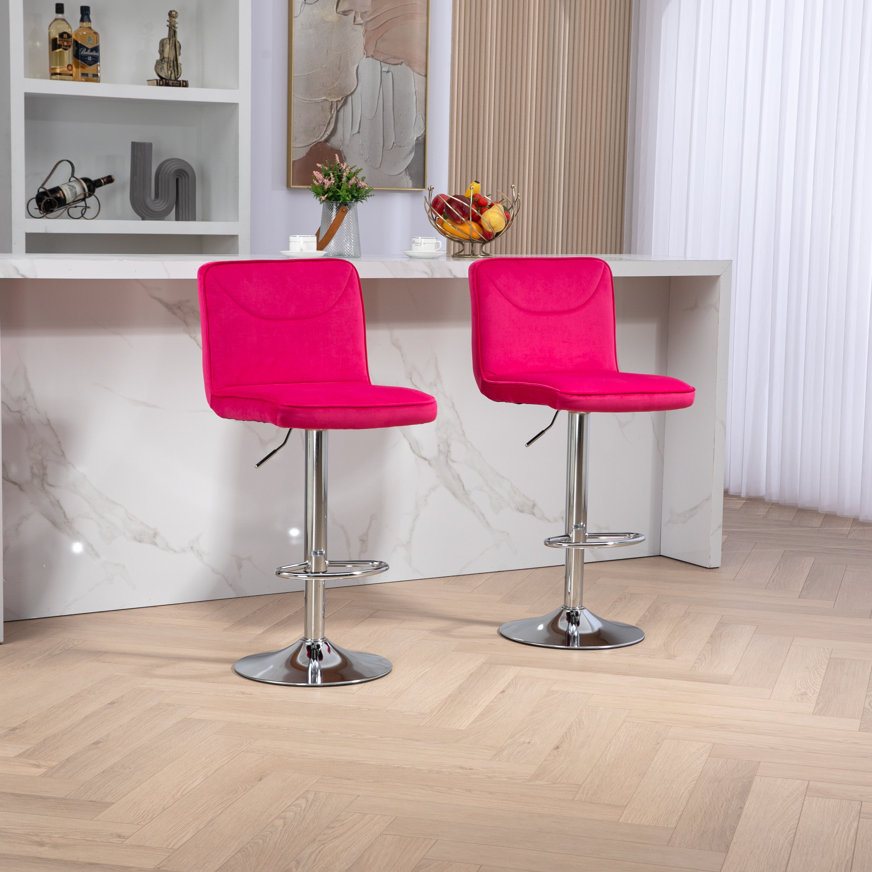 🆓🚛 Modern Swivel Bar stools Set of 2, Adjustable Counter Height Bar Chairs, with Backrest Footrest, Chrome Base, Rose Red