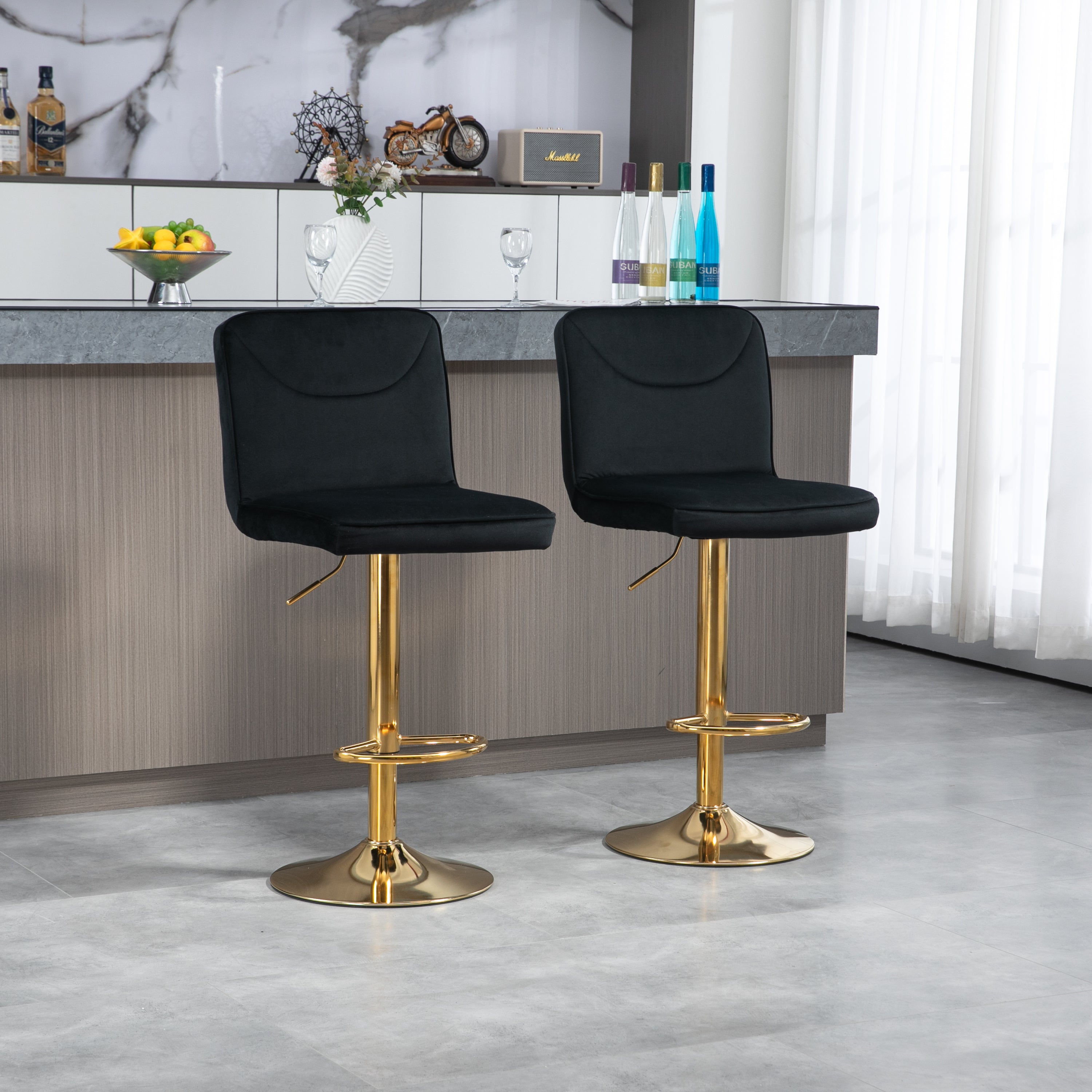 🆓🚛 Modern Swivel Bar stools Set of 2, Adjustable Counter Height Bar Chairs, with Backrest Footrest, Golden Base, Black