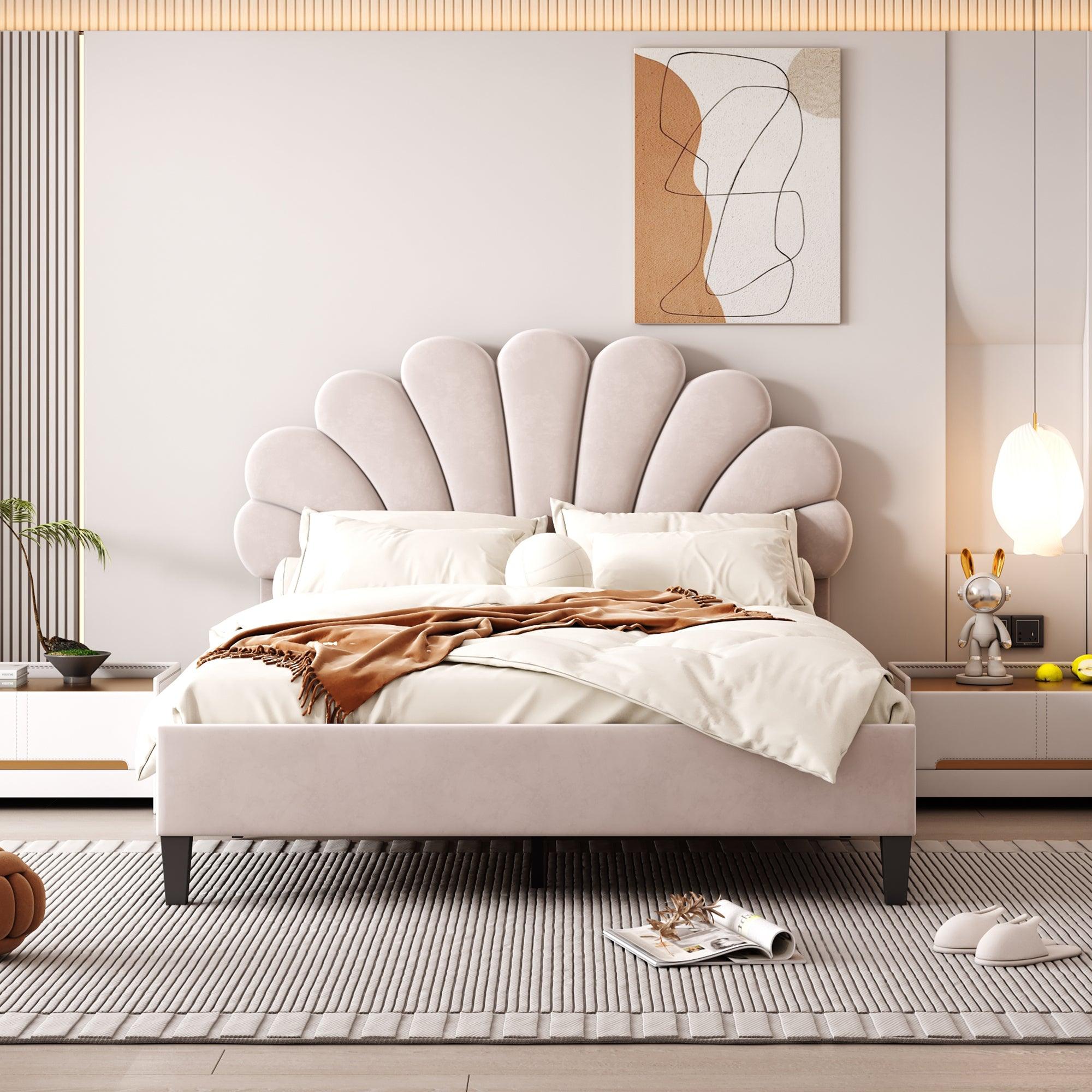 🆓🚛 Full Size Upholstered Platform Bed With Flower Pattern Velvet Headboard, Beige
