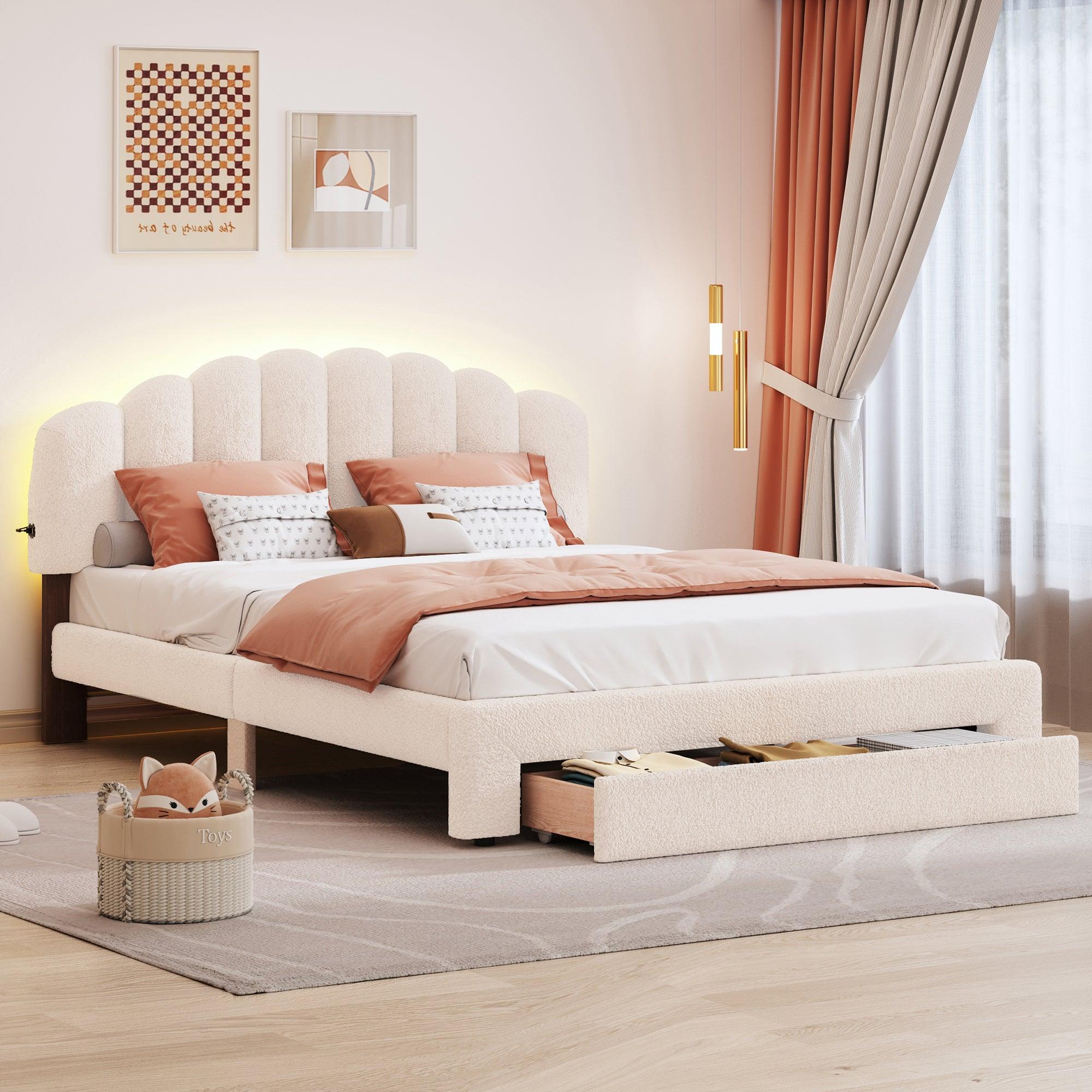 🆓🚛 Teddy Fleece Queen Size Upholstered Platform Bed With Drawer, Beige