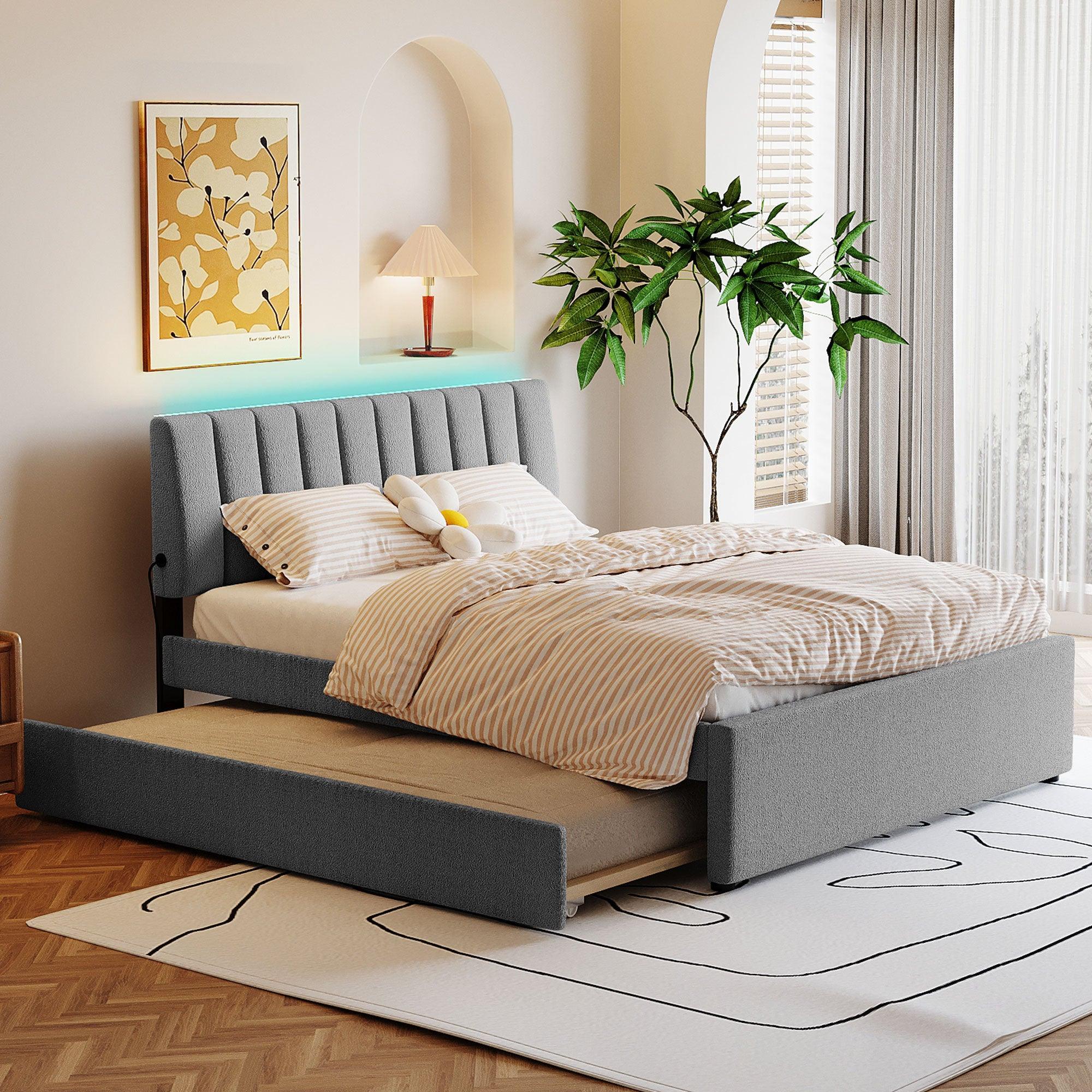 🆓🚛 Teddy Fleece Queen Size Upholstered Platform Bed With Trundle, Gray