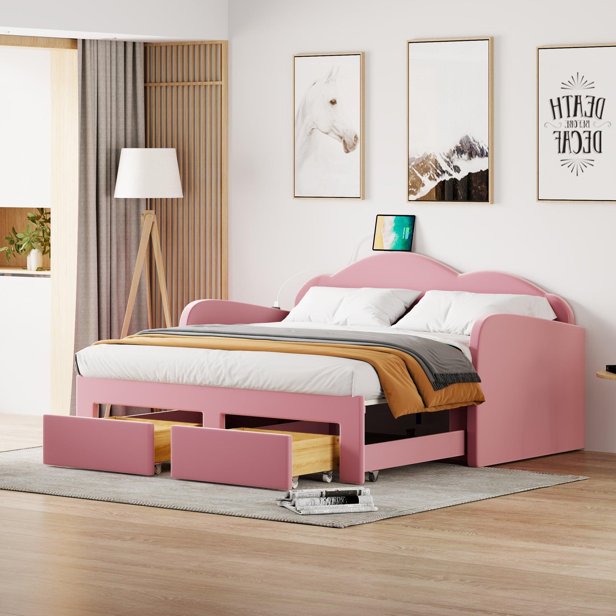 🆓🚛 Twin Size Upholstered Daybed With Cloud-Shaped Backrest, Trundle & 2 Drawers & Usb Ports, Pink