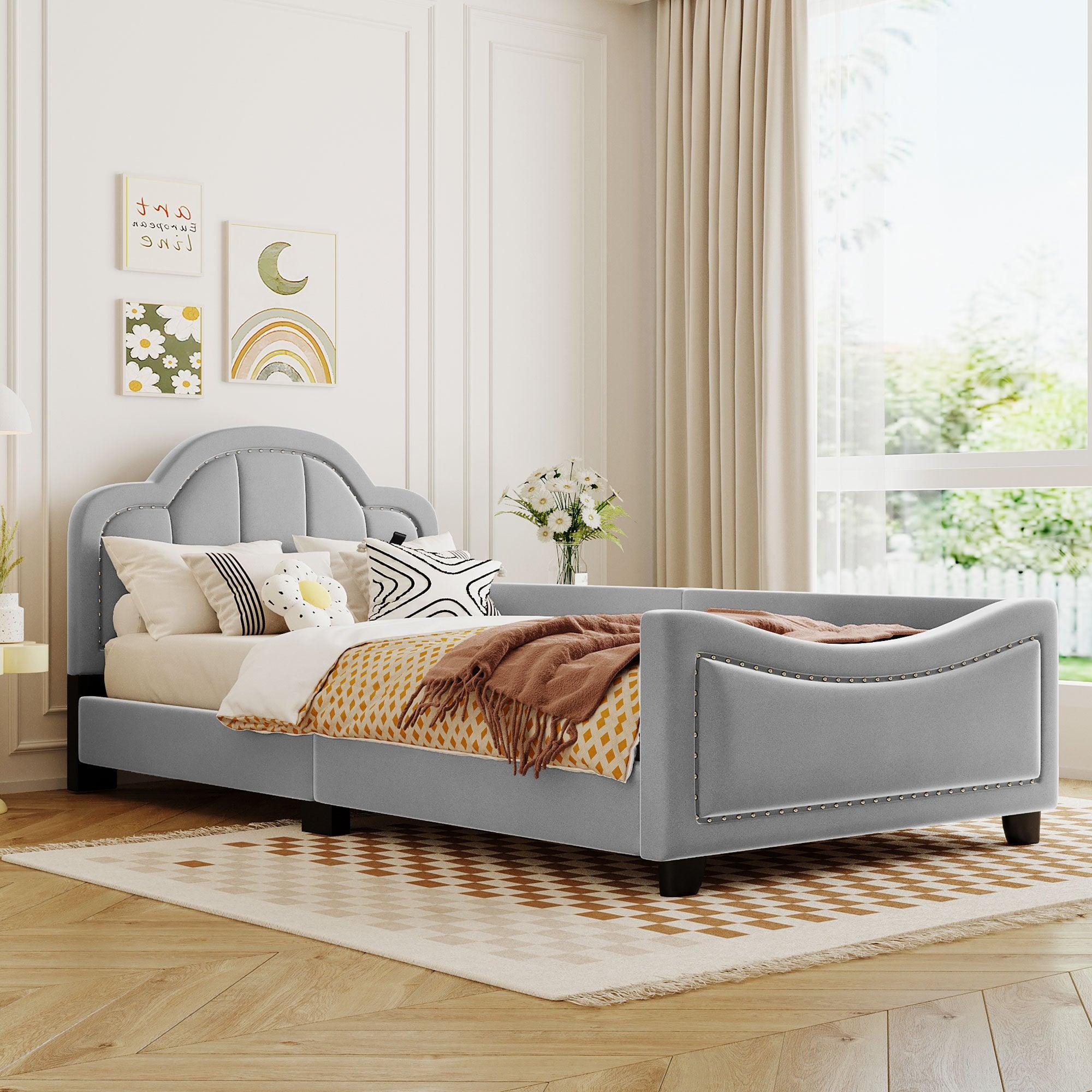 🆓🚛 Twin Size Upholstered Daybed With Cloud Shaped Headboard, Embedded Elegant Copper Nail Design, Gray