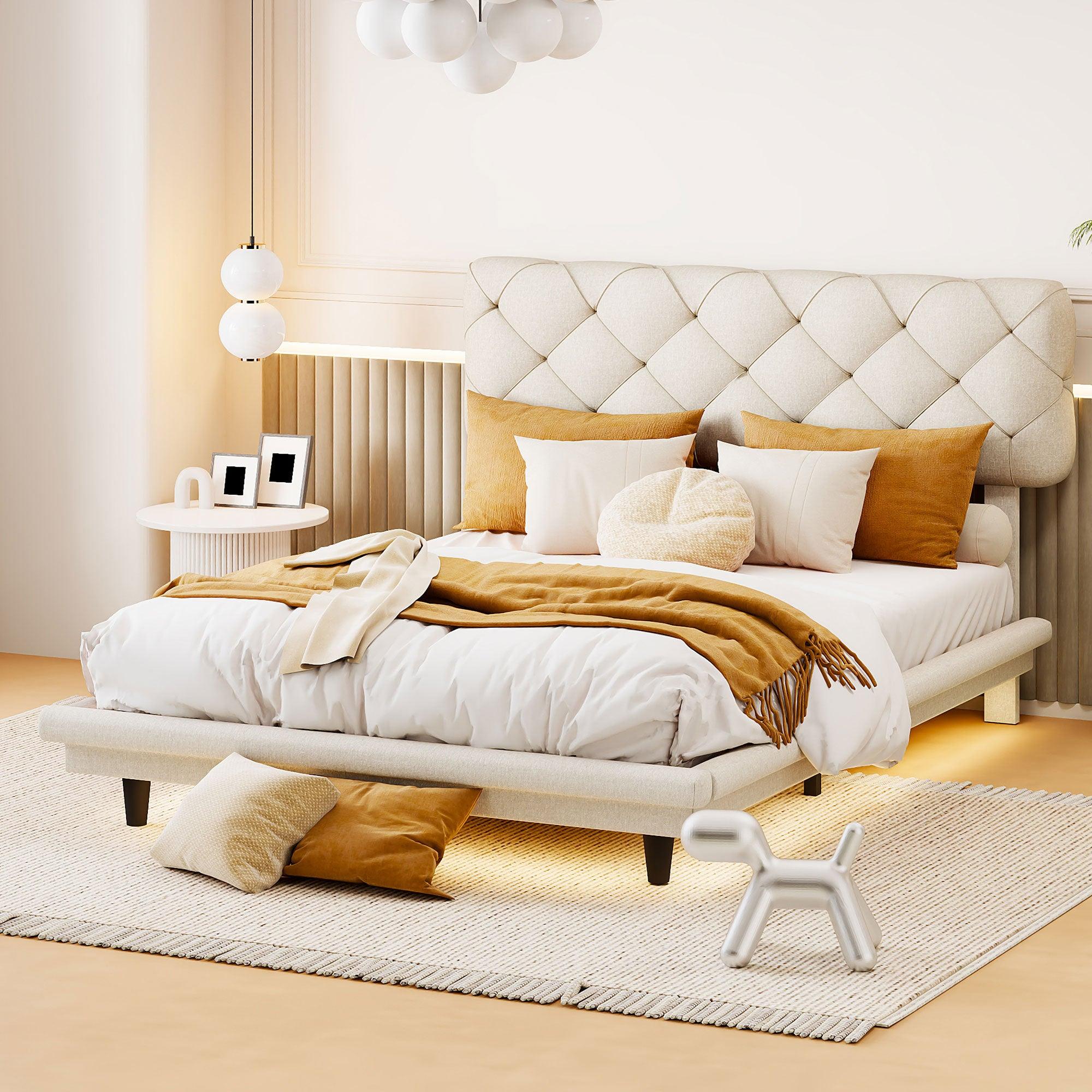 🆓🚛 Full Size Upholstered Bed With Light Stripe, Floating Platform Bed, Linen Fabric, Beige