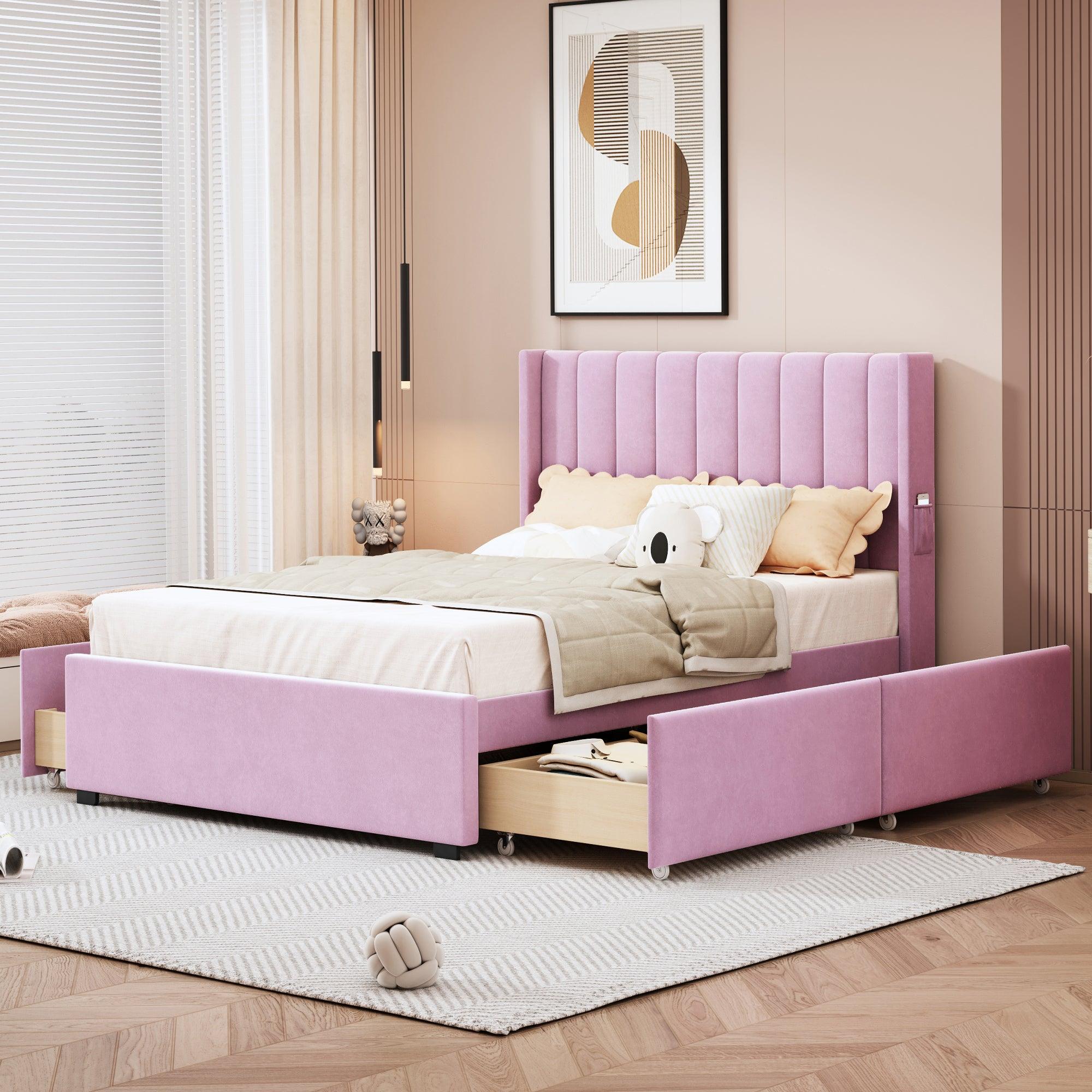 🆓🚛 Full Size Upholstered Bed With 4 Drawers, Pink