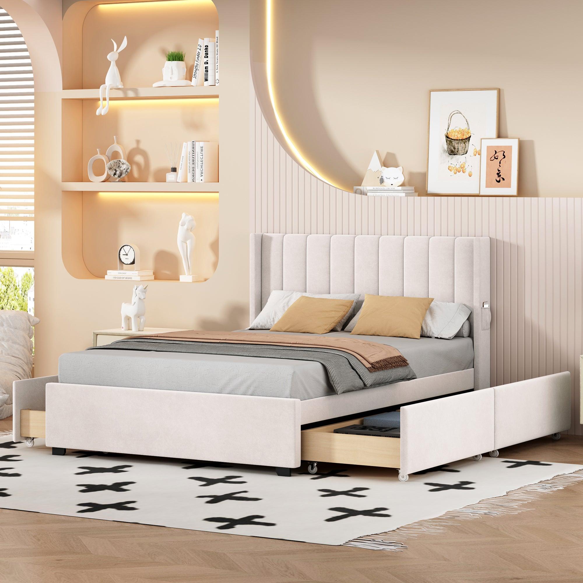 🆓🚛 Full Size Upholstered Bed With 4 Drawers, Beige