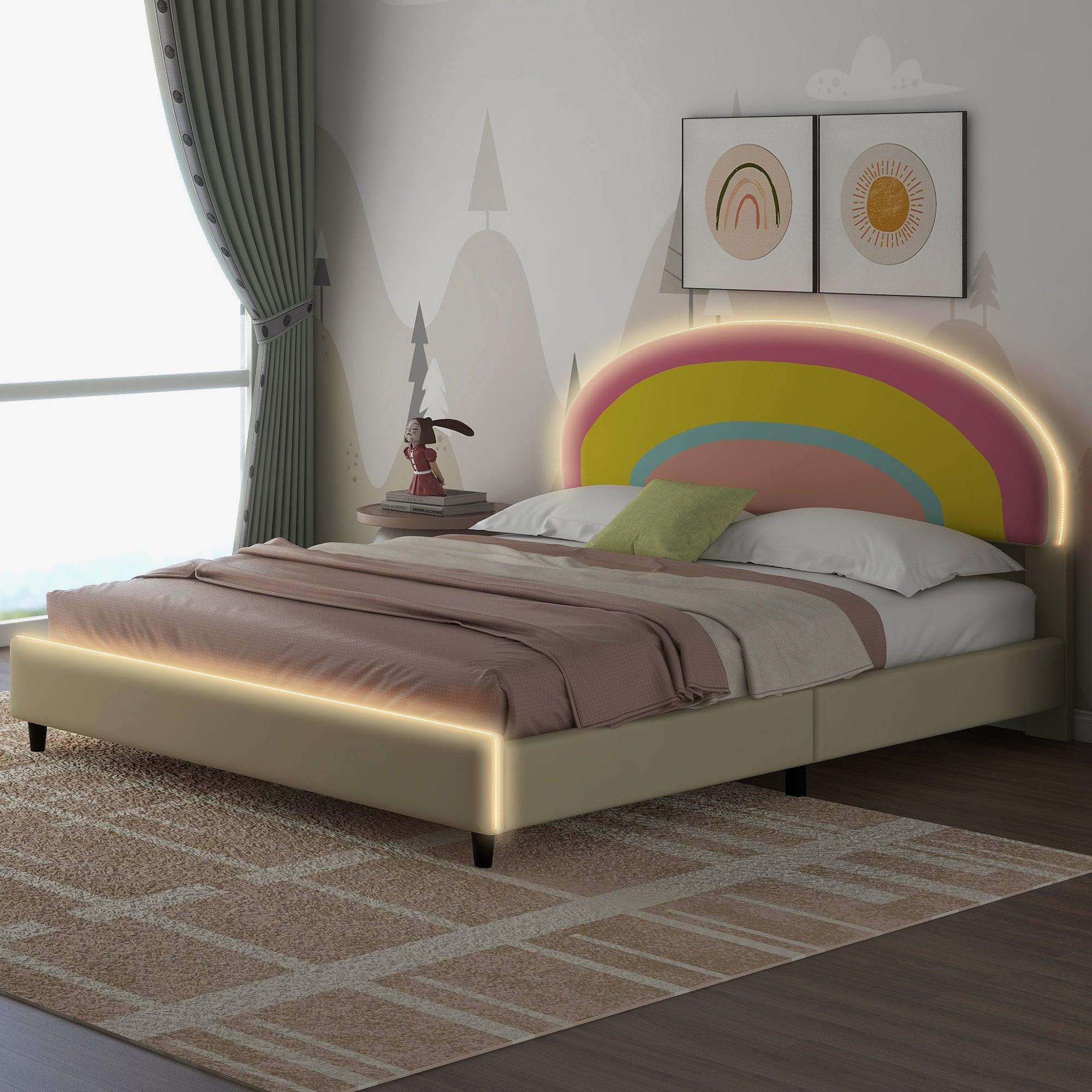 🆓🚛 Full Size Upholstered Platform Bed With Rainbow Shaped and Height-Adjustbale Headboard, Led Light Strips, Beige