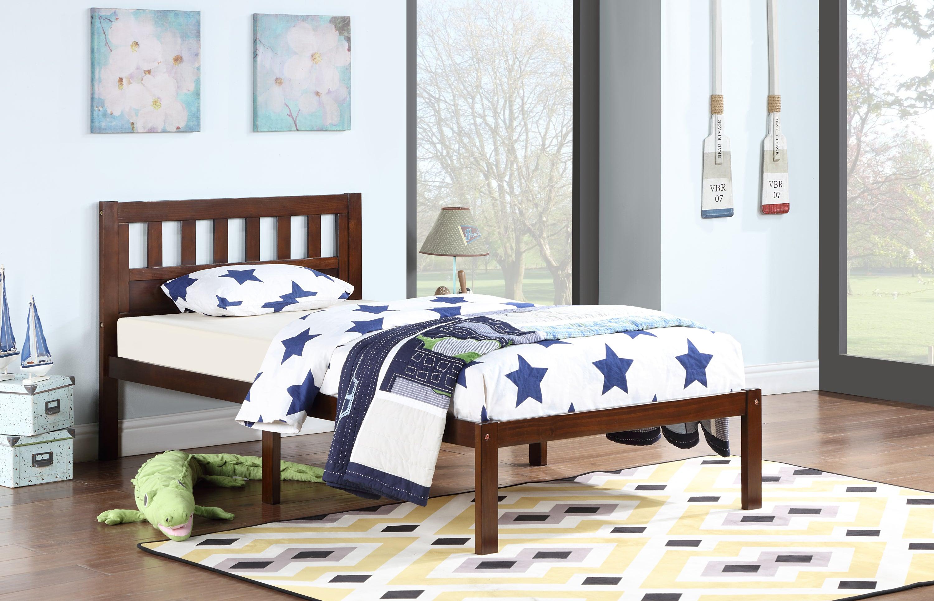 🆓🚛 Twin Size Bed, Wood Platform Bed Frame With Headboard for Kids Rectangle Design, Slatted, Dark Walnut