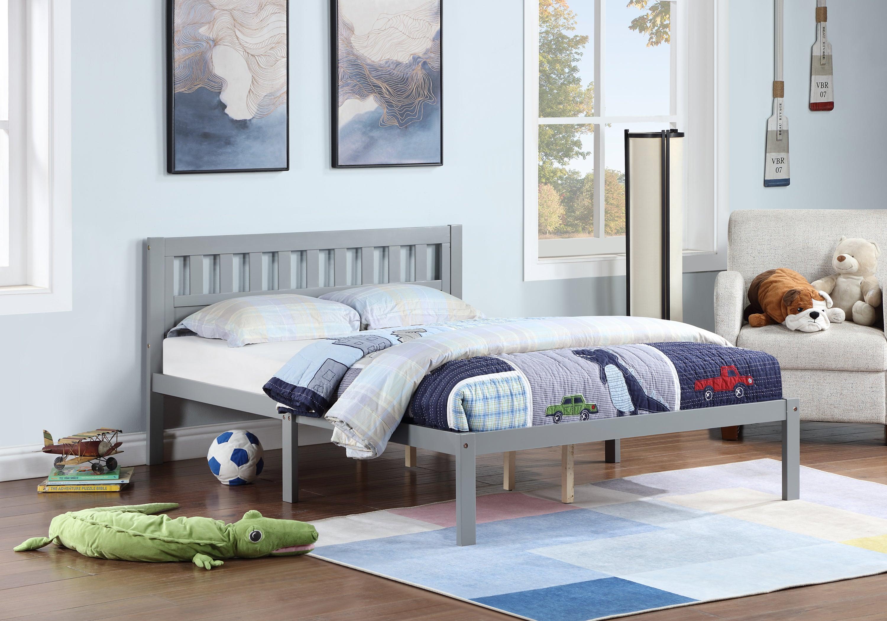 🆓🚛 Full Size Bed, Wood Platform Bed Frame With Headboard for Kids, Rectangle Design, Slatted, Gray