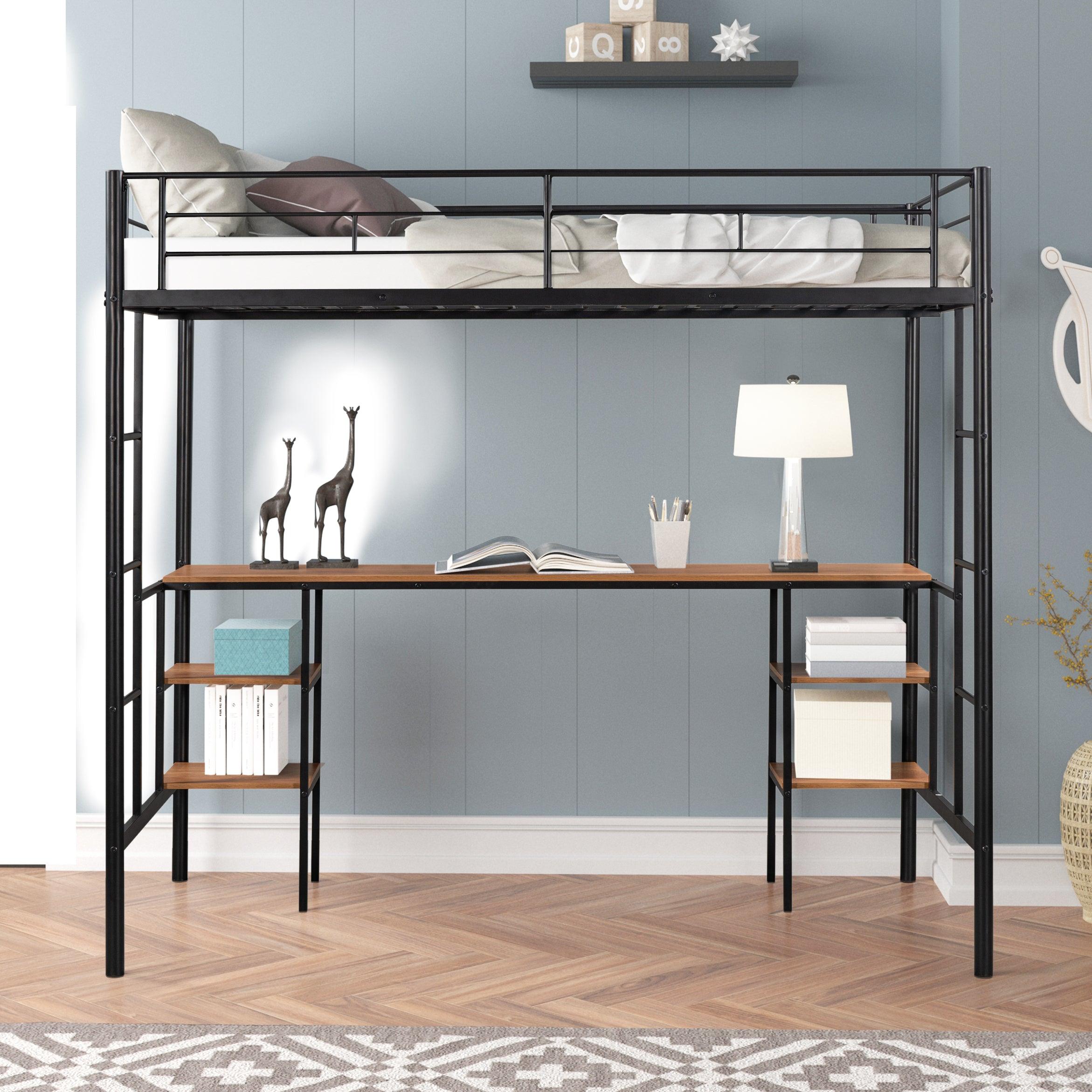 🆓🚛 Metal Loft Bed With Table & Shelves