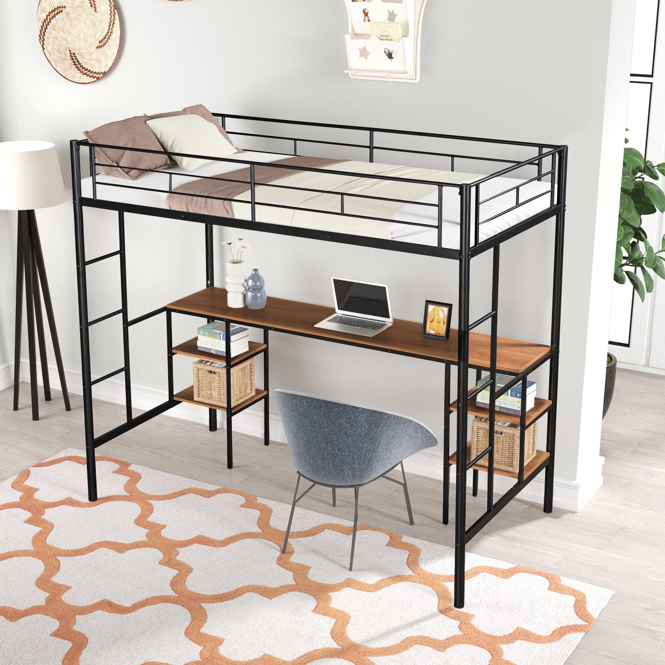 🆓🚛 Metal Loft Bed With Table & Shelves