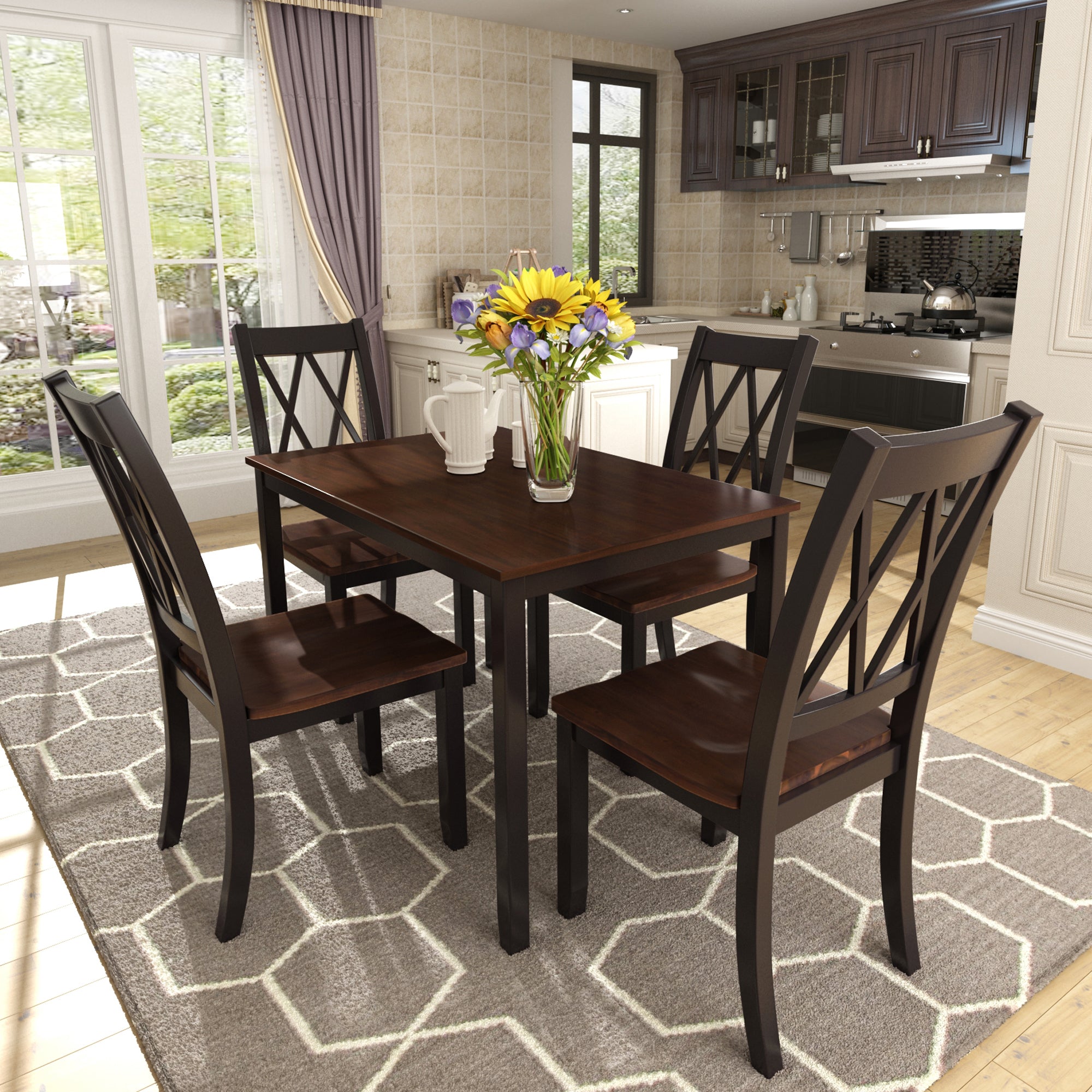 🆓🚛 5-Piece Dining Table Set Home Kitchen Table & Chairs Wood Dining Set, Black+Cherry