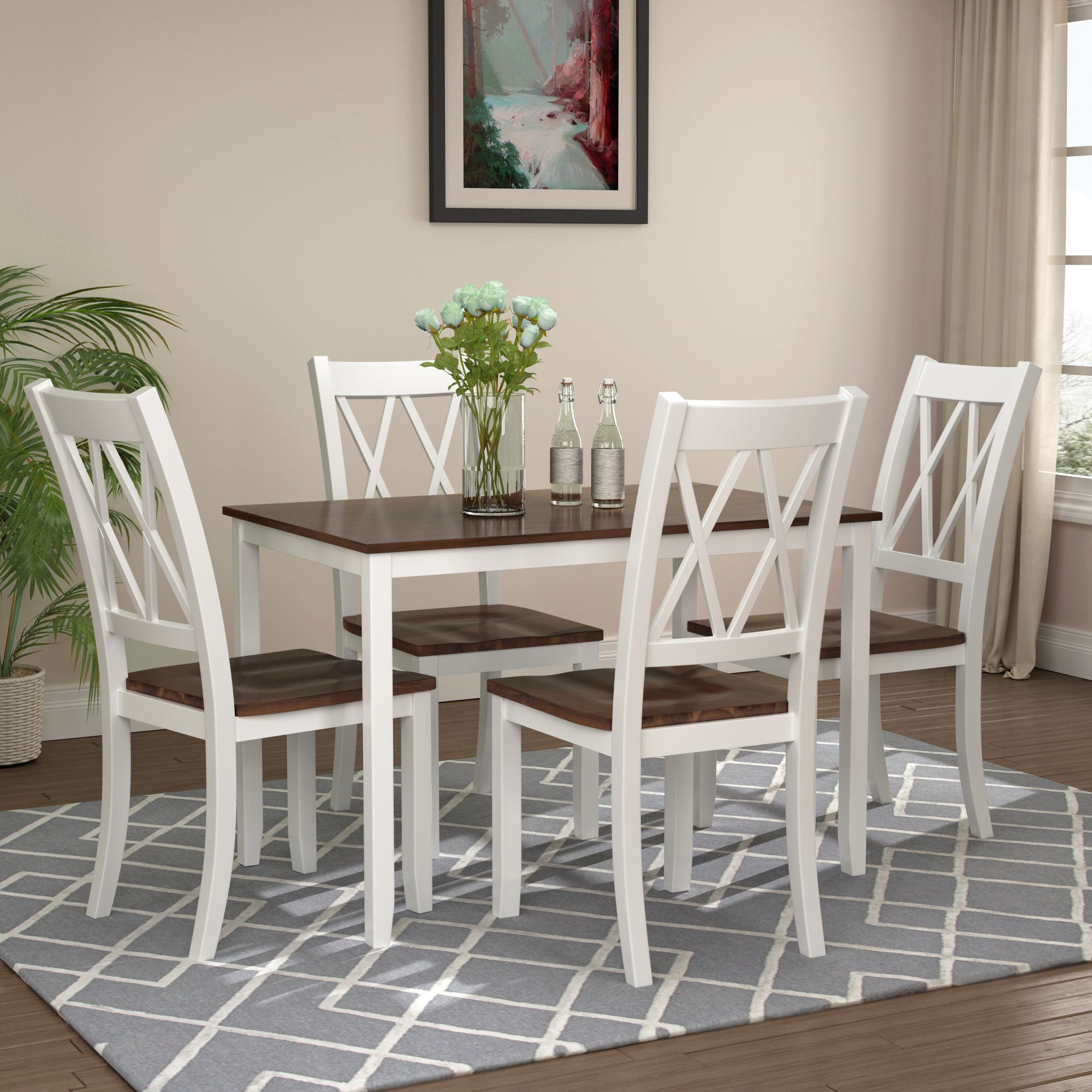🆓🚛 5-Piece Dining Table Set Home Kitchen Table & Chairs Wood Dining Set, White+Cherry