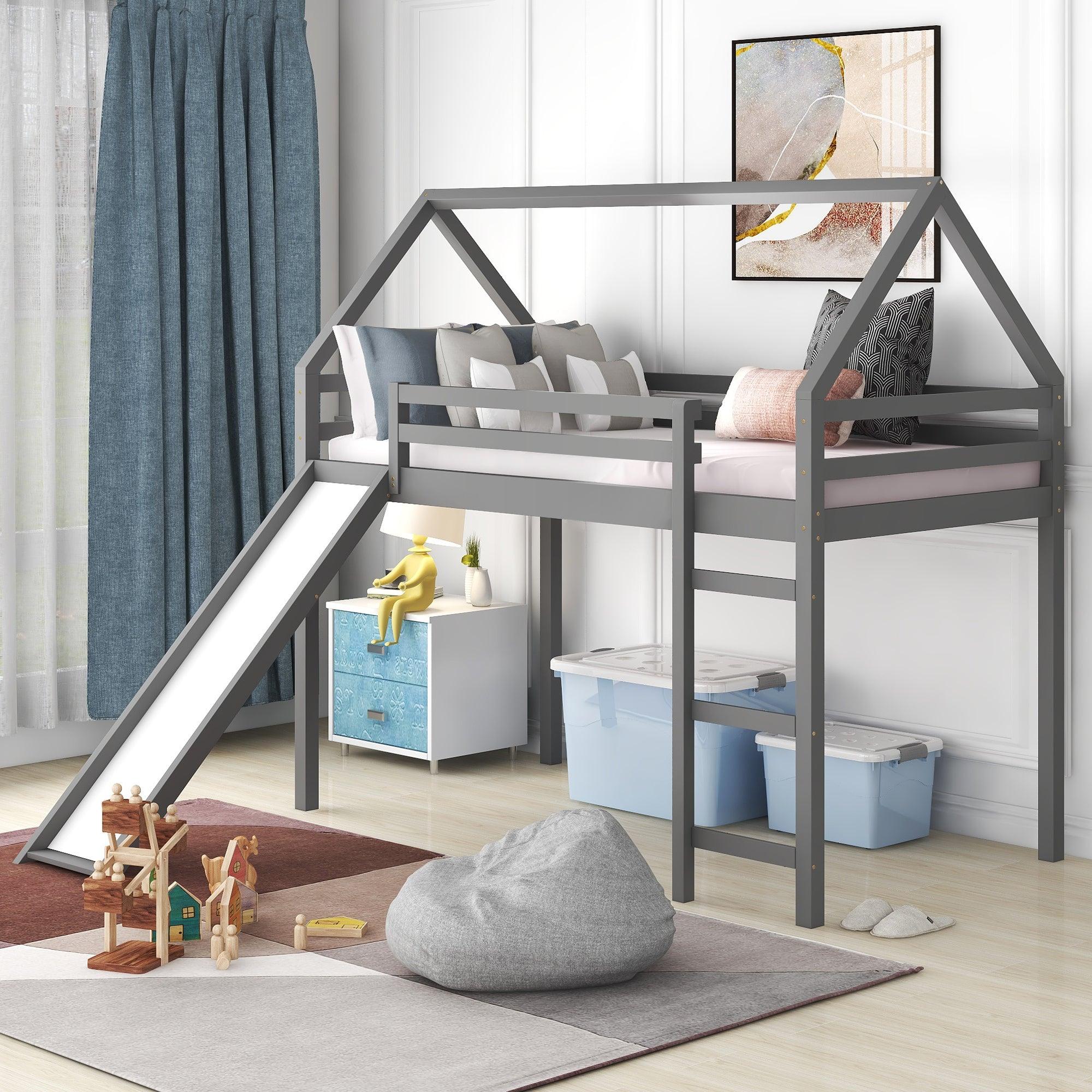 🆓🚛 Twin Size Loft Bed With Slide, House Bed With Slide, Gray