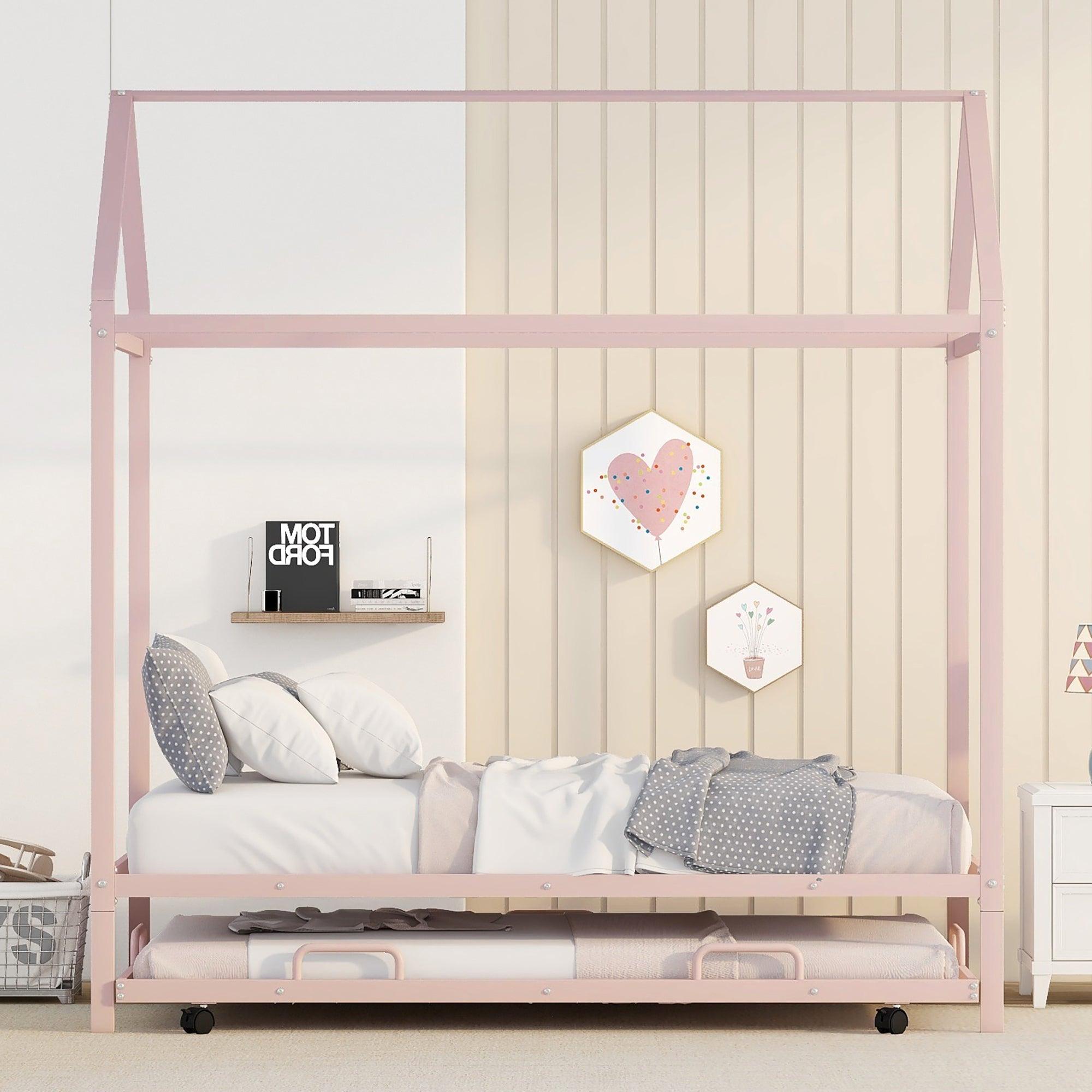🆓🚛 Twin Size Kids House Bed With Trundle, Metal House Bed Pink
