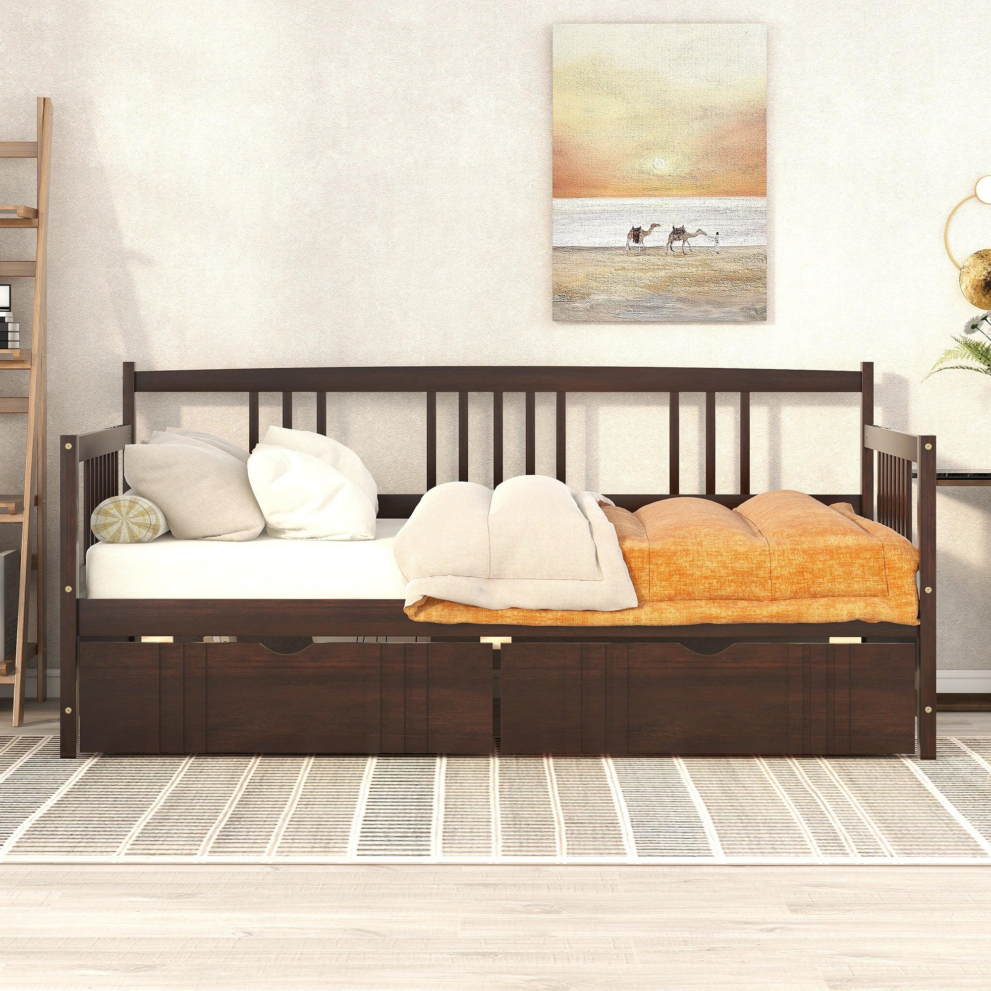 🆓🚛 Twin Size Daybed Wood Bed With Two Drawers, Espresso