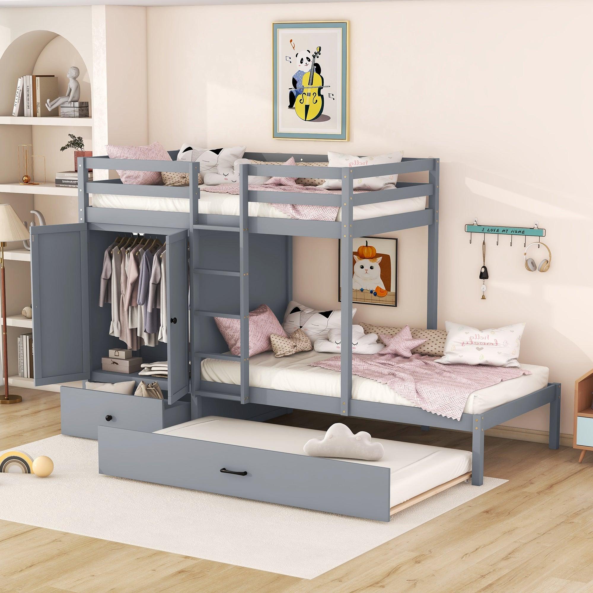 🆓🚛 Twin-Over-Twin Bunk Bed With Wardrobe, Drawers & Shelves, Gray