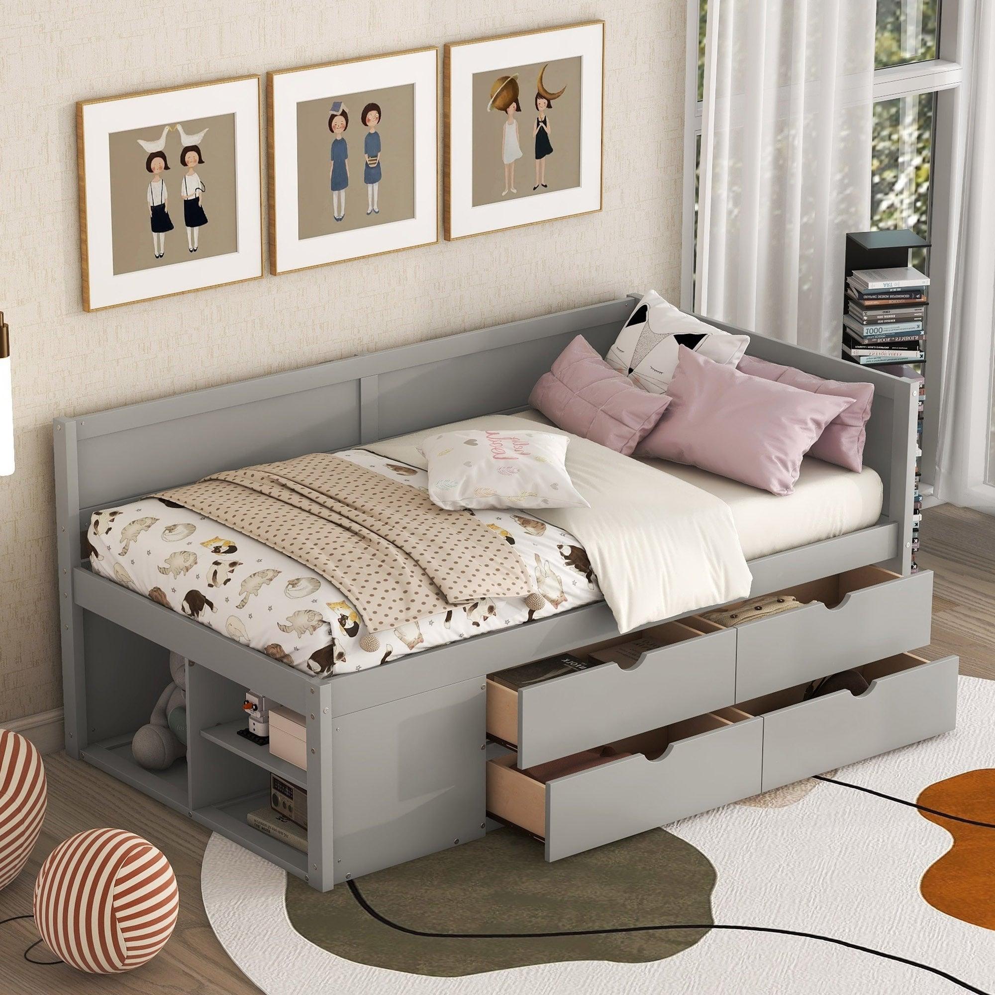 🆓🚛 Twin Size Daybed With Drawers & Shelves, Gray