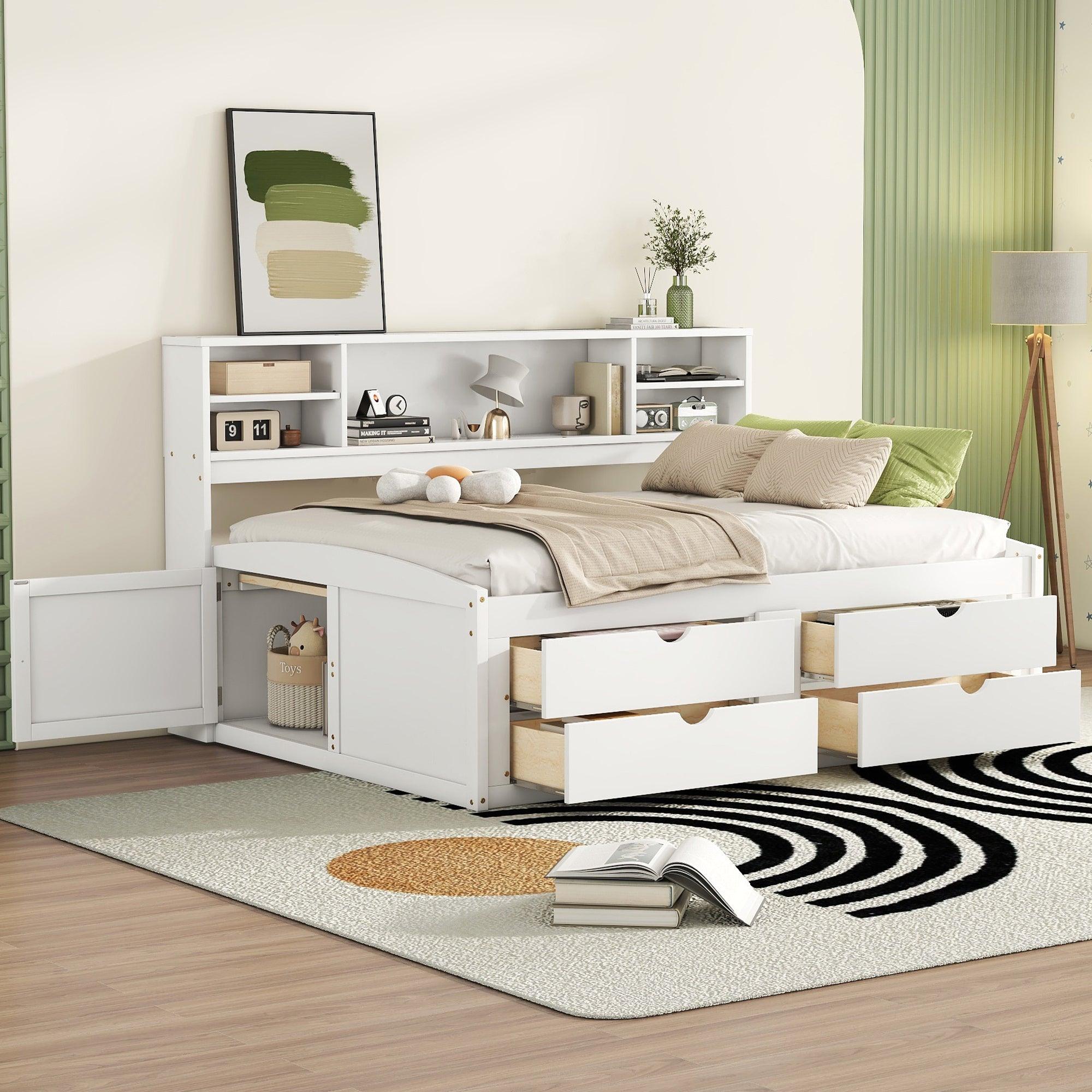 🆓🚛 Full Size Wood Daybed With 2 Bedside Cabinets, Upper Shelves & 4 Drawers, White